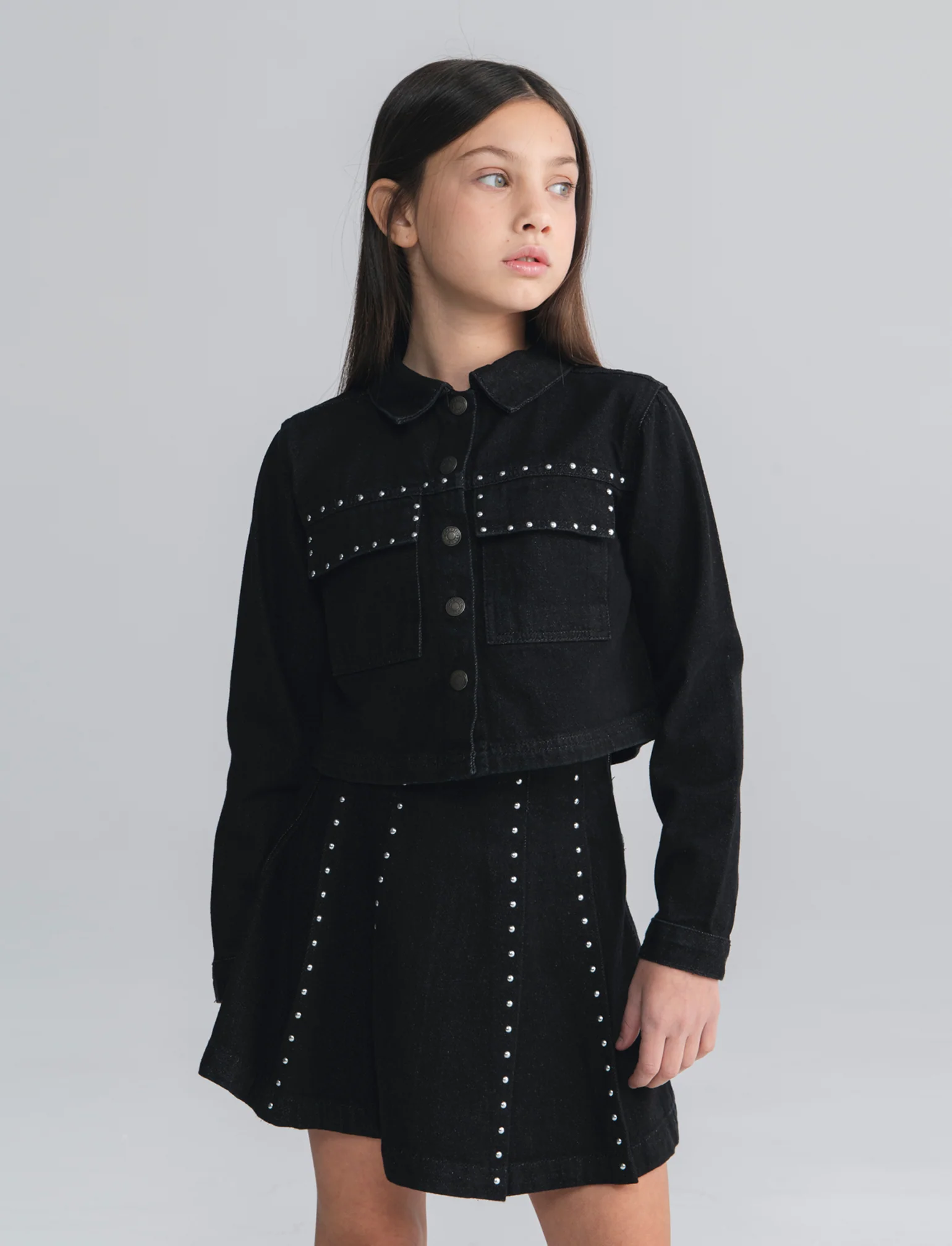 Giubbino denim cropped con borchie glamour - Nero - Image 4