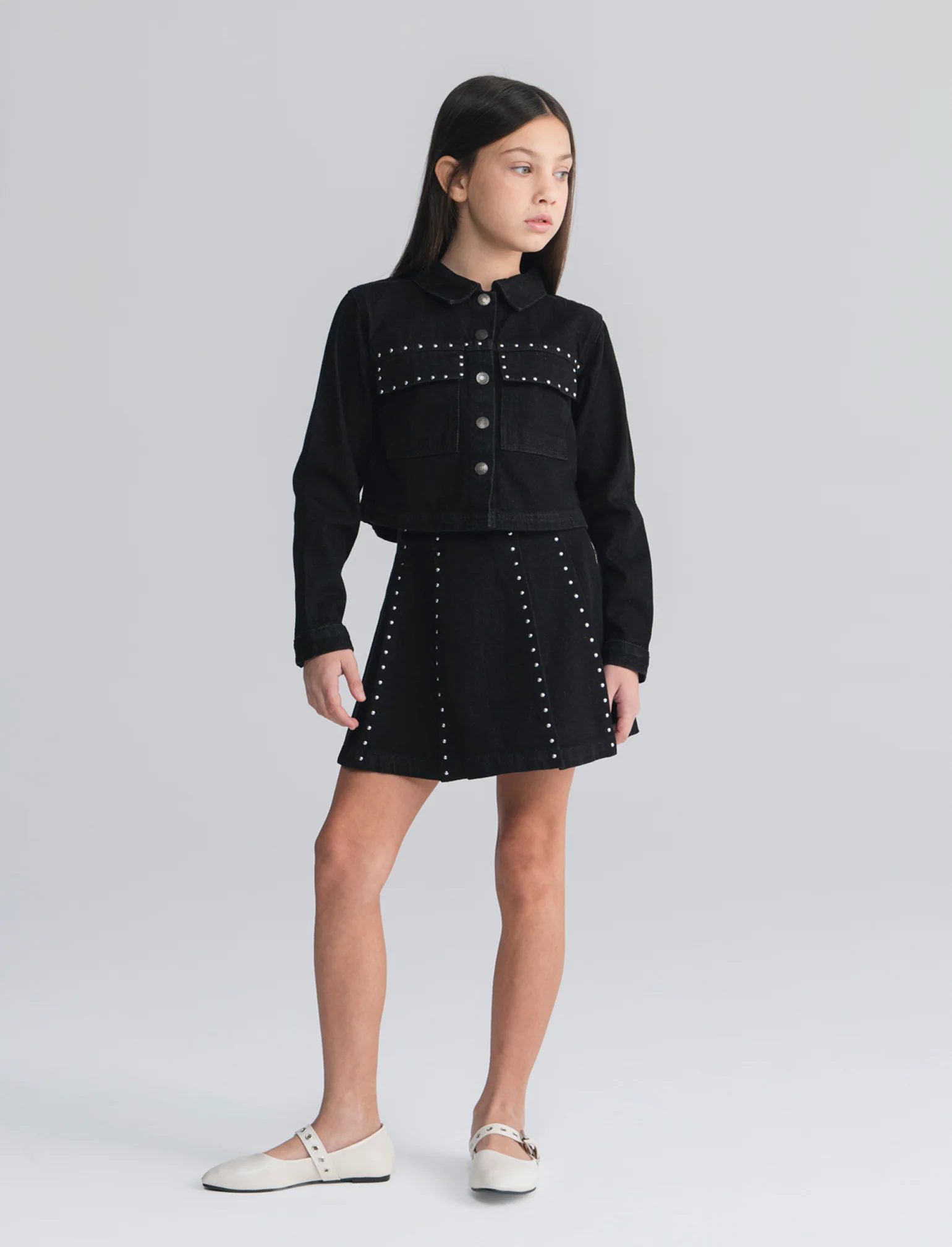 Giubbino denim cropped con borchie glamour - Nero - Image 5