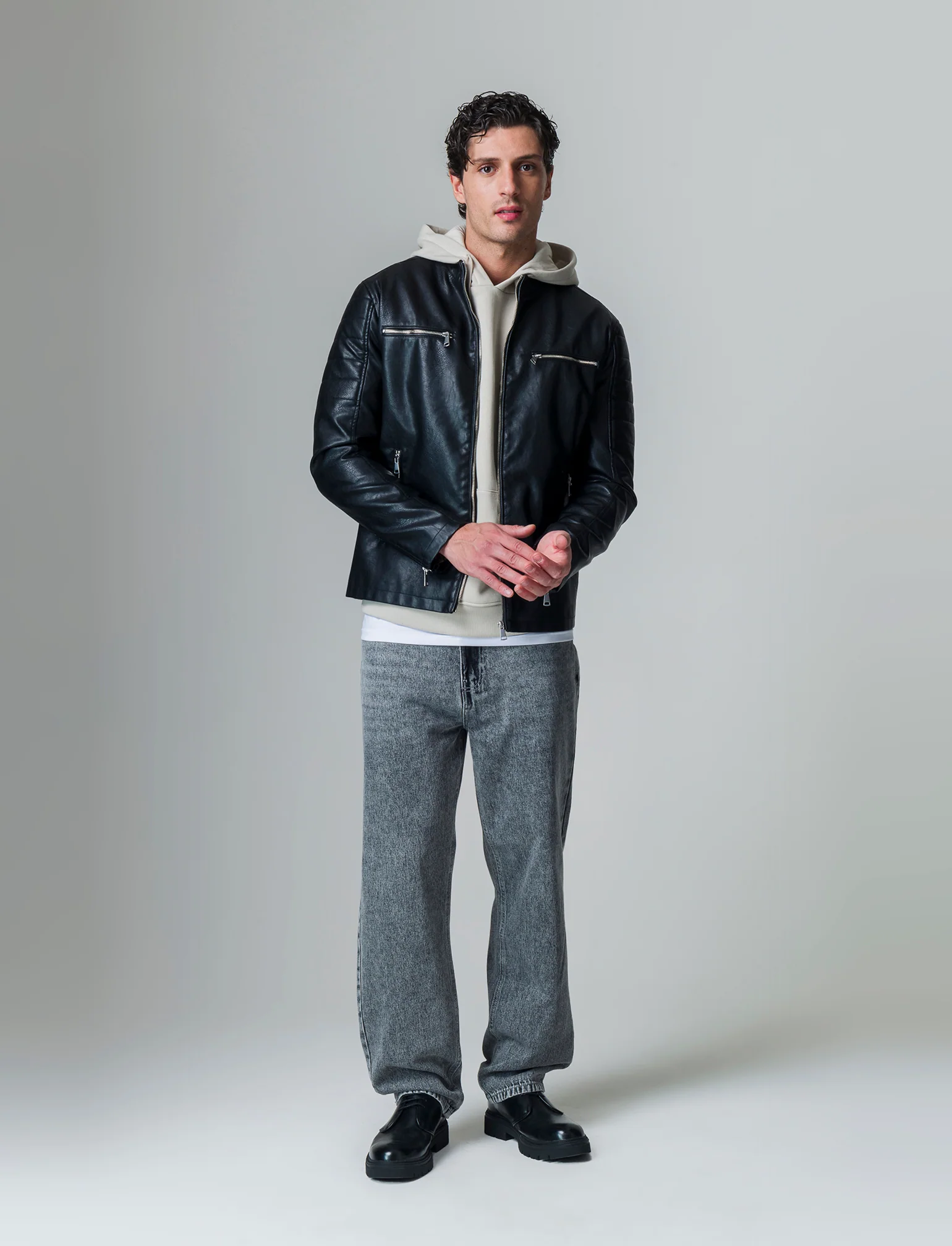 Giubbotto biker effetto pelle da uomo - Nero - Image 2