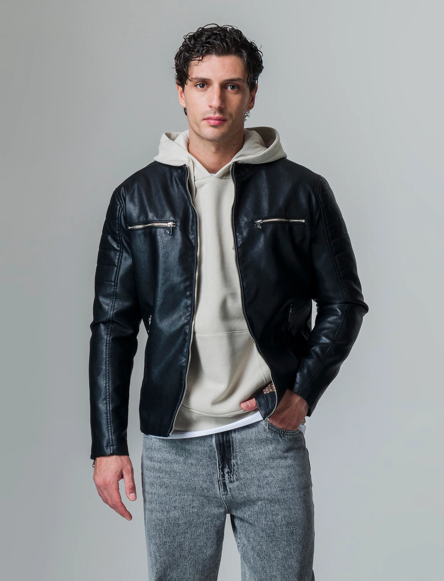 Giubbotto biker effetto pelle da uomo - Nero - Image 3