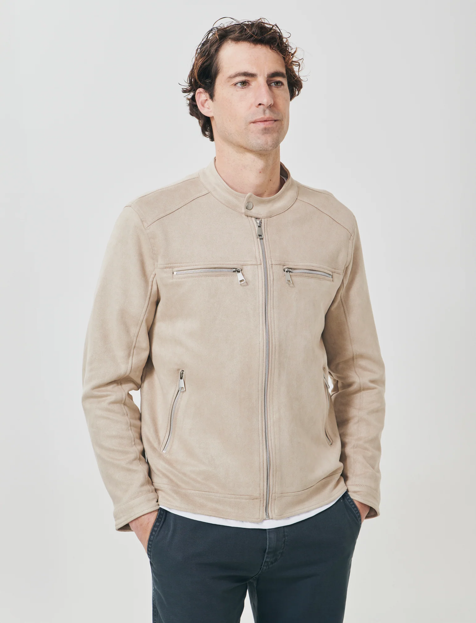 Giubbotto biker effetto scamosciato - Beige - Image 2