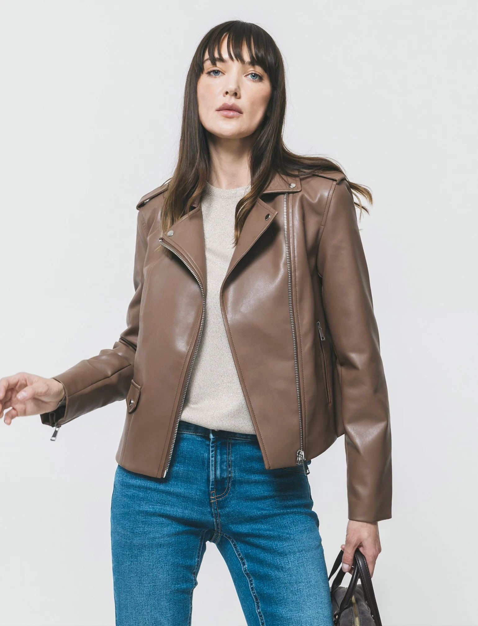 Giubbotto Biker in Tessuto Pelle - Marrone - Image 4