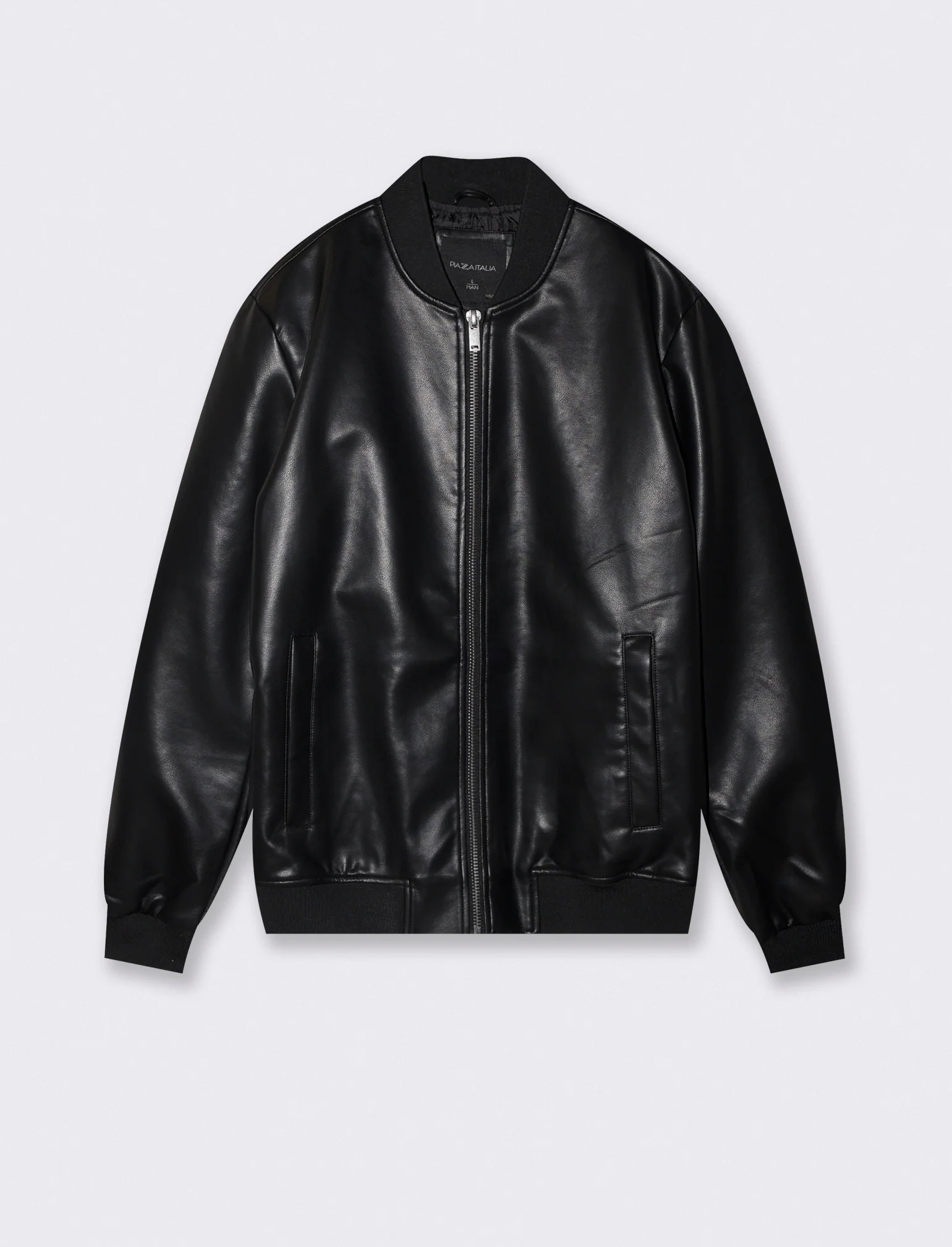 Giubbotto bomber effetto pelle con collo - Nero