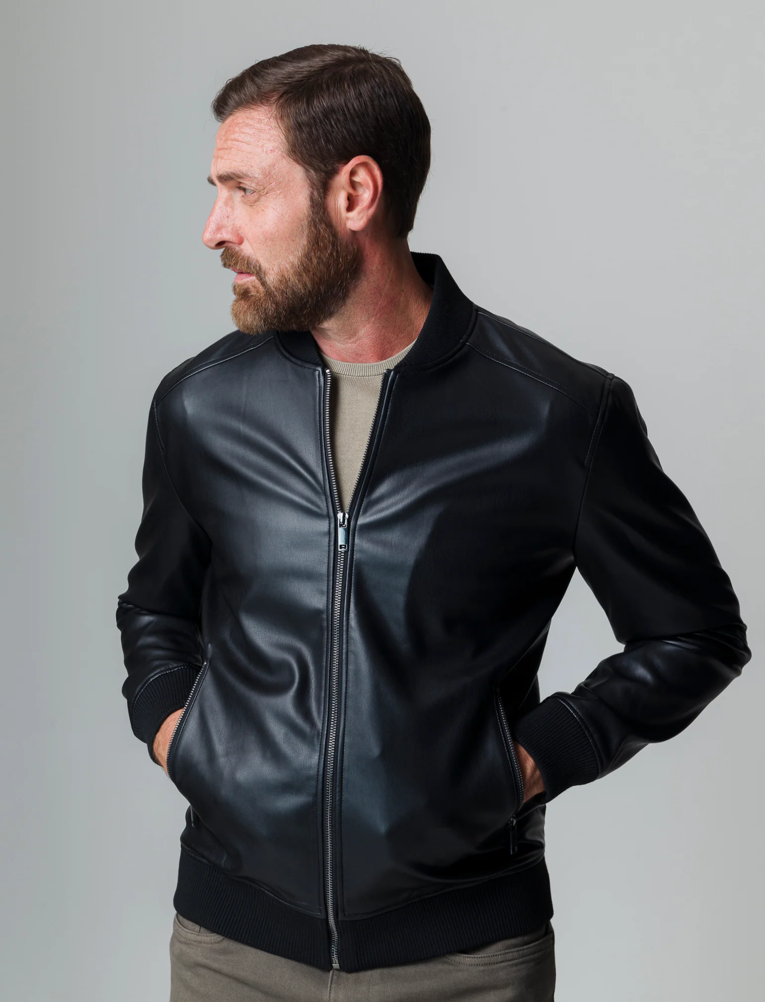 Giubbotto bomber effetto pelle da uomo - Nero - Image 3