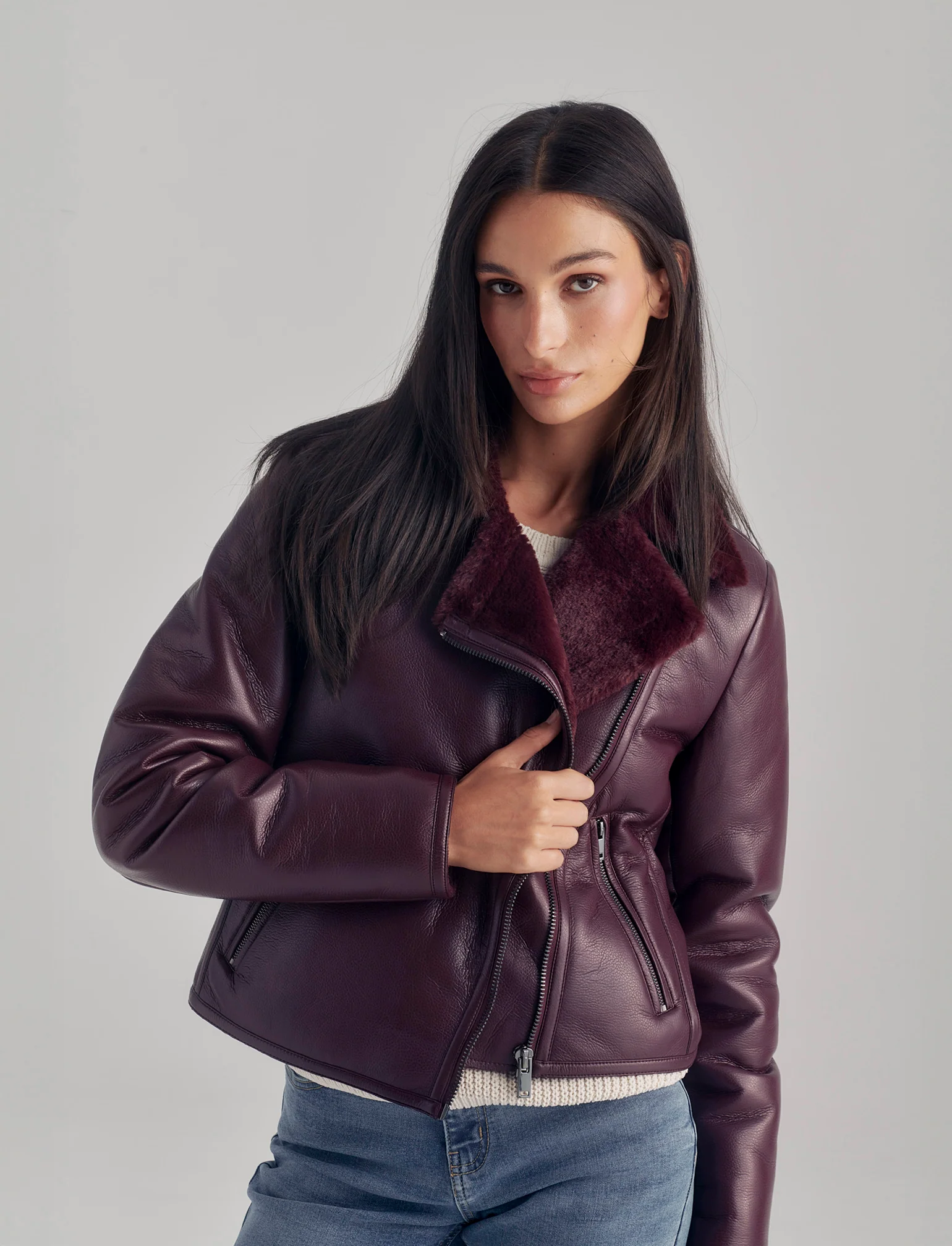 GIUBBOTTO MODELLO CHIODO CON INTERNO IN TESSUTO EFFETTO SHEARLING - Bordeaux - Image 3