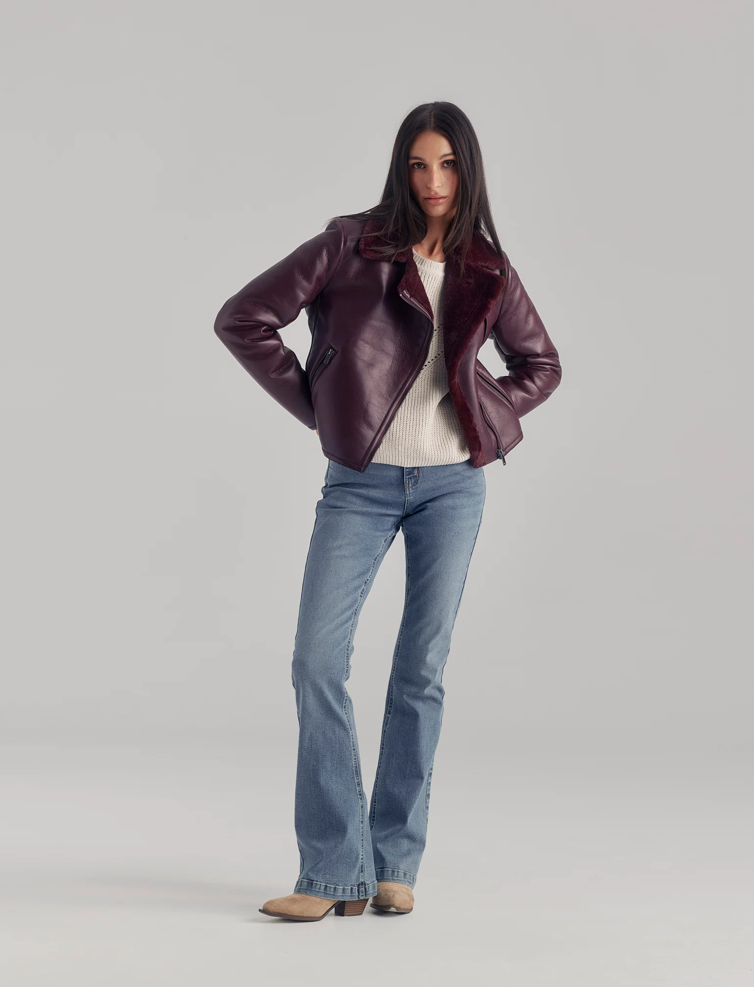 GIUBBOTTO MODELLO CHIODO CON INTERNO IN TESSUTO EFFETTO SHEARLING - Bordeaux - Image 4