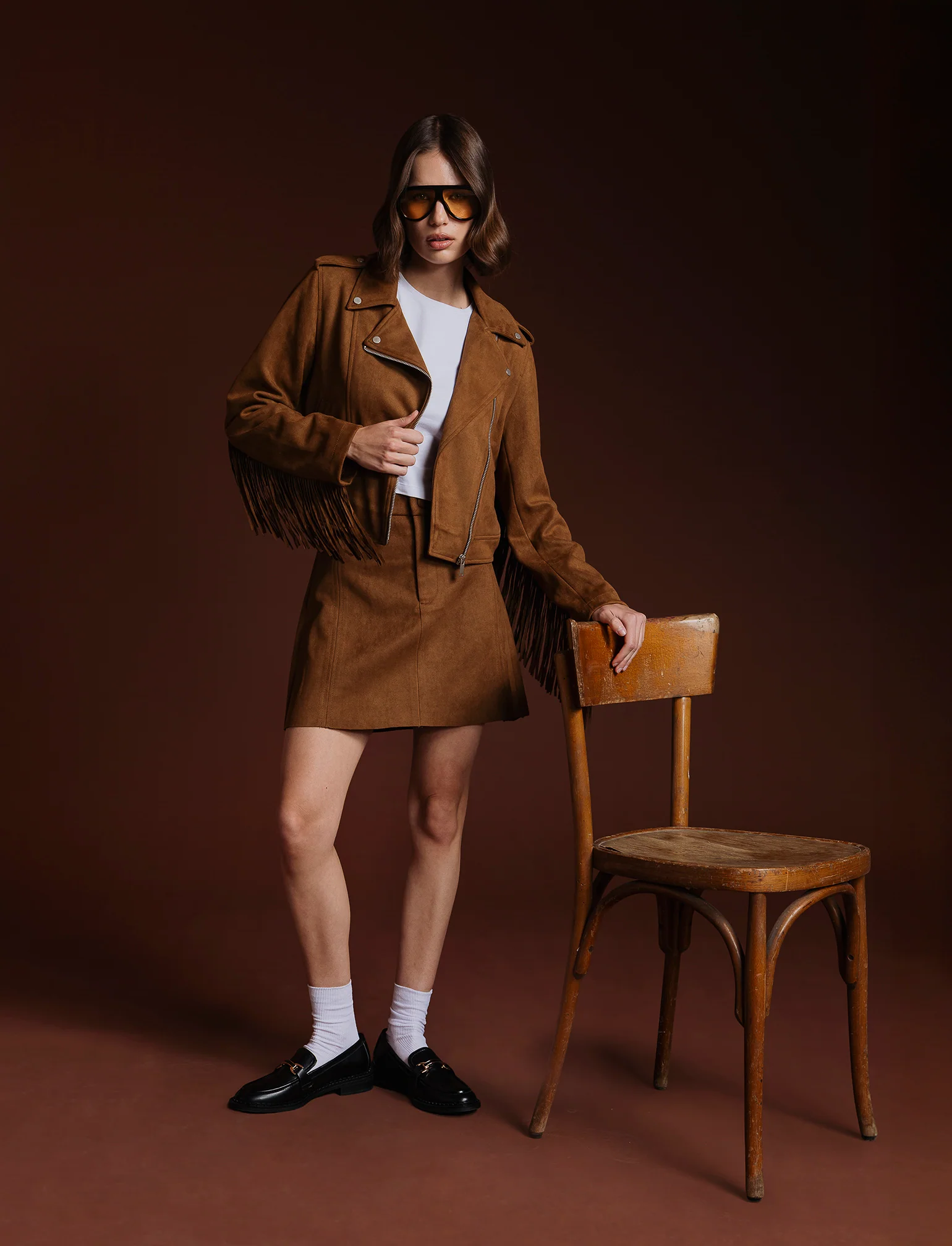 GONNA IN TESSUTO EFFETTO CAMOSCIO - Cognac - Image 4