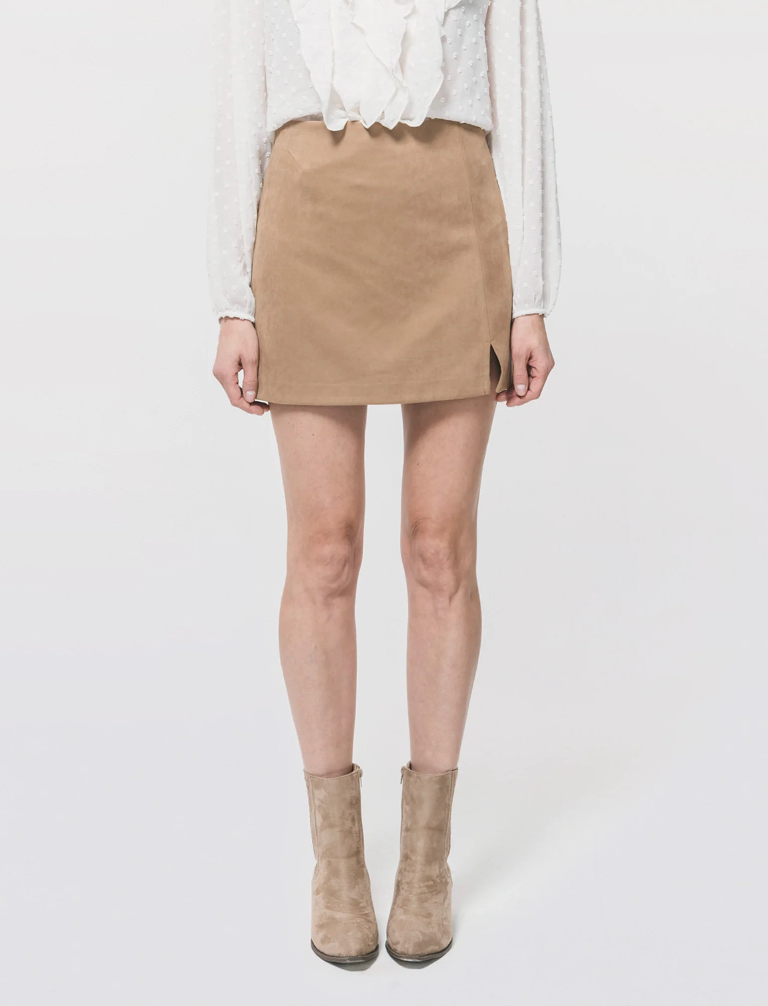 Gonna in tessuto scamosciato con spacco - Cammello - Image 3