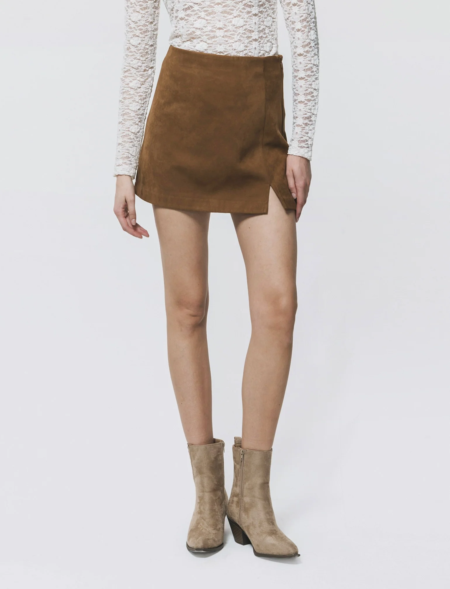 Gonna in tessuto scamosciato con spacco - Marrone - Image 4
