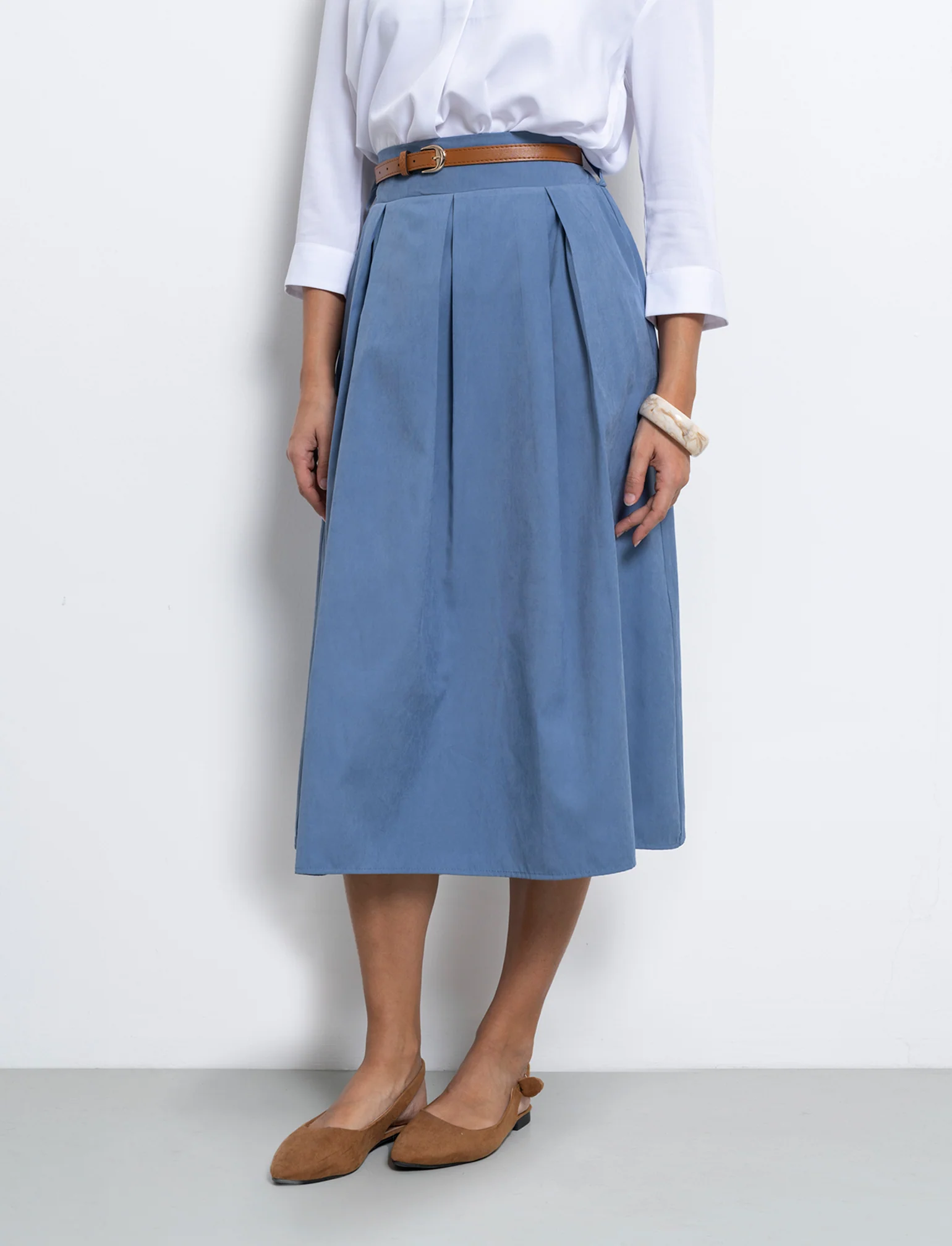 Gonna in tessuto tecnico con cintura - Denim