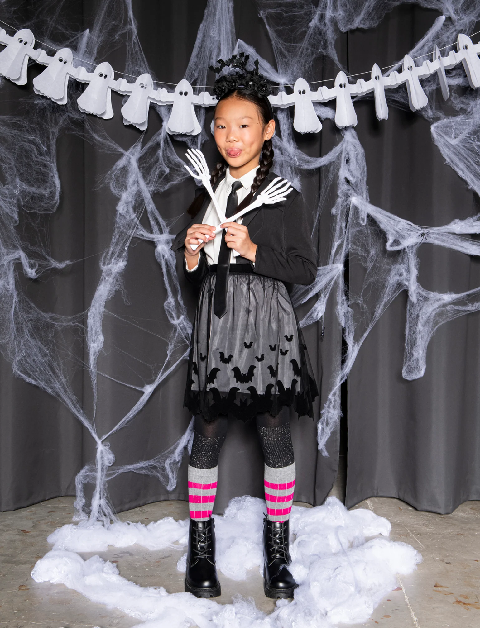 Gonna in tulle da bambina con stampa flock a tema Halloween. - Nero