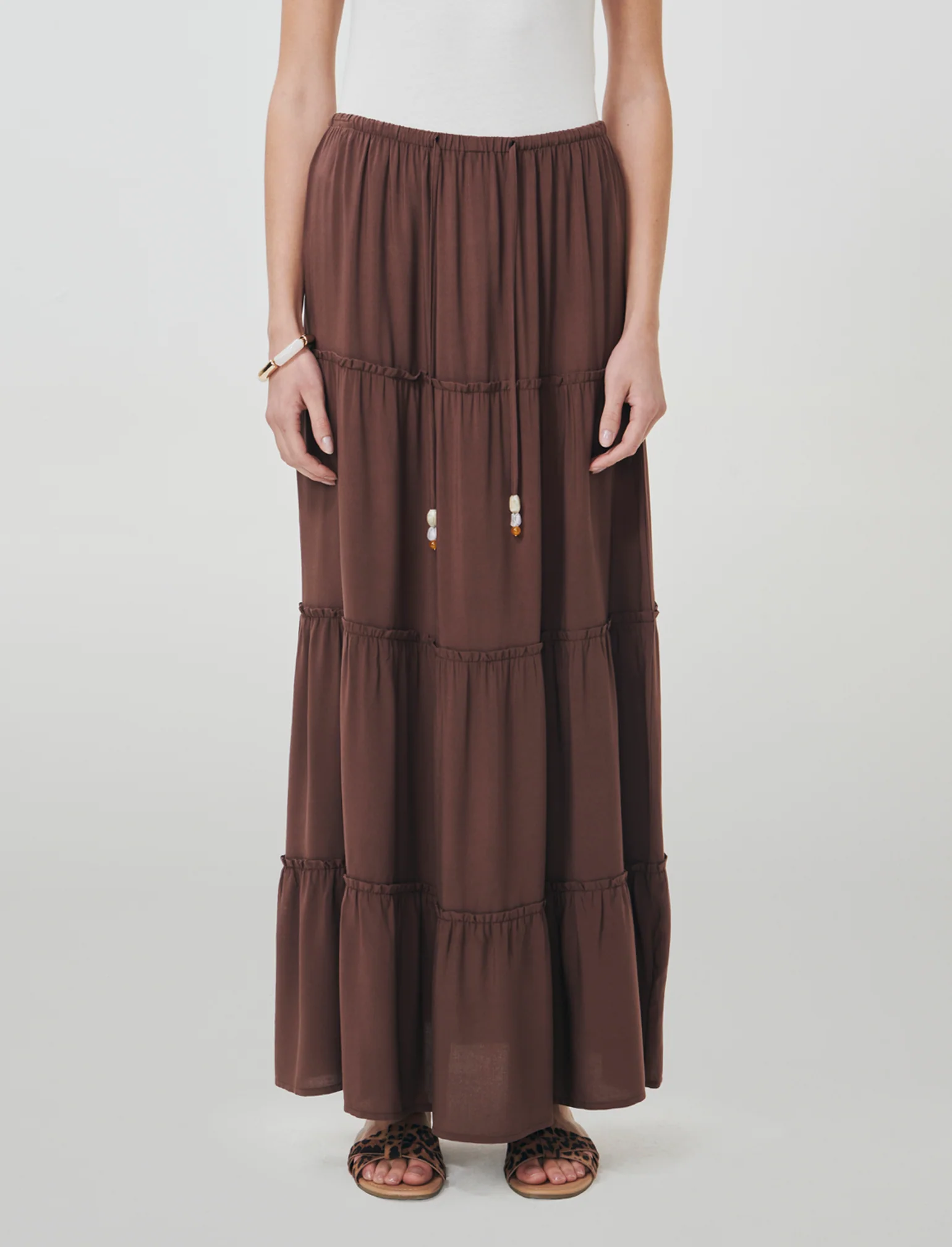 Gonna lunga con coulisse in vita - Marrone cioccolato - Image 4