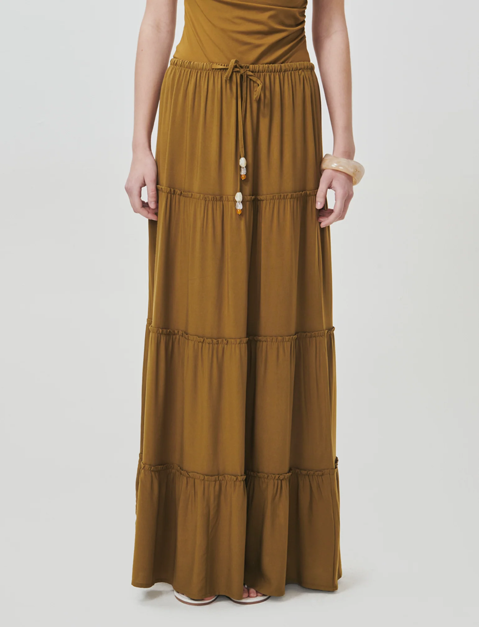 Gonna lunga con coulisse in vita - Verde oliva - Image 4