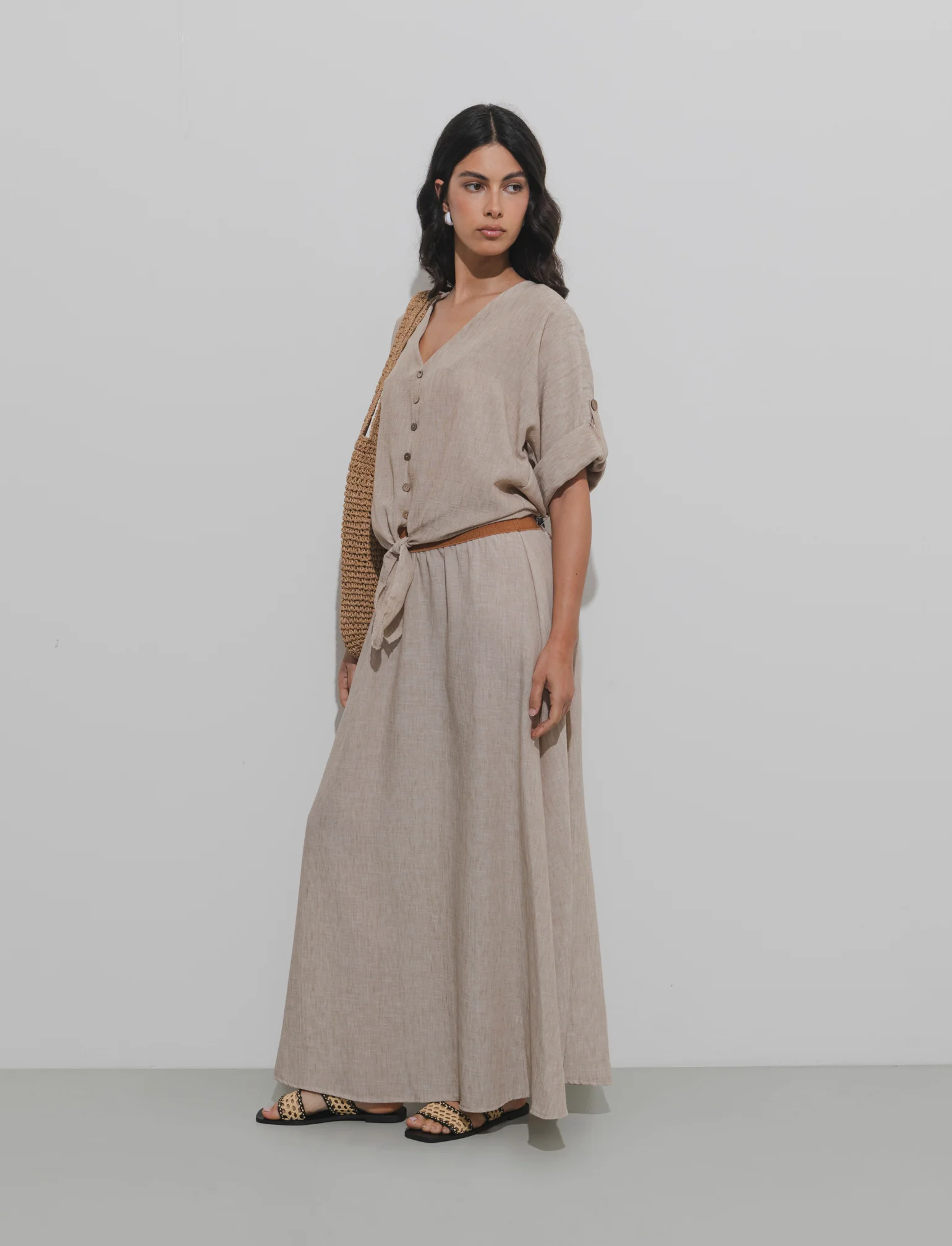 Gonna lunga con elastico in vita - Beige - Image 2