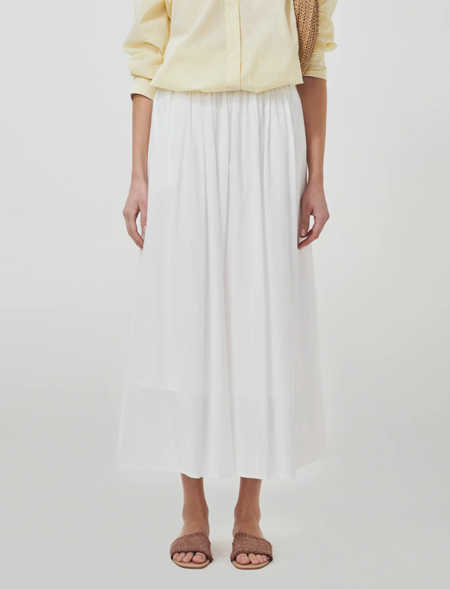 Gonna lunga in cotone con vita arricciata - Bianco
