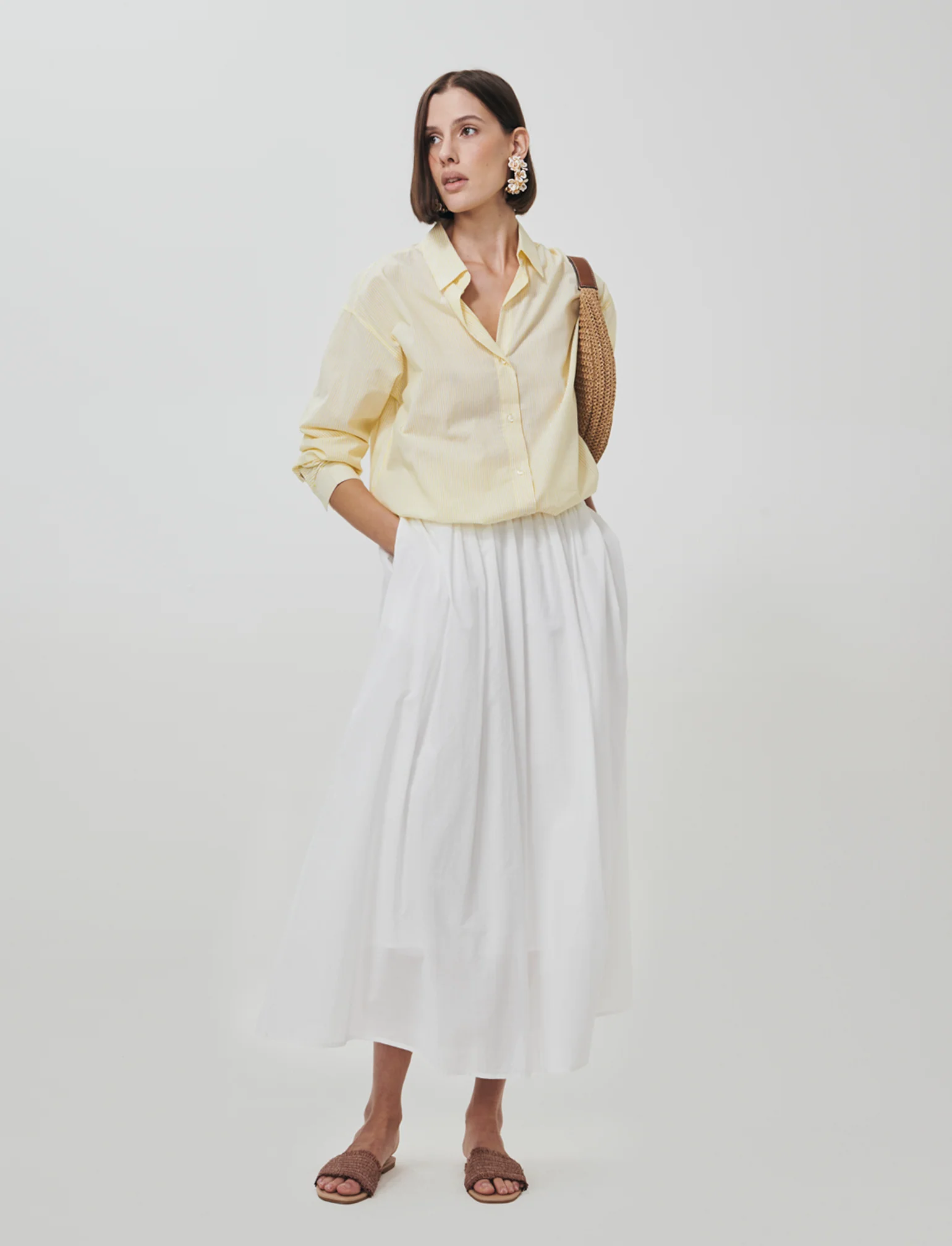 Gonna lunga in cotone con vita arricciata - Bianco - Image 3