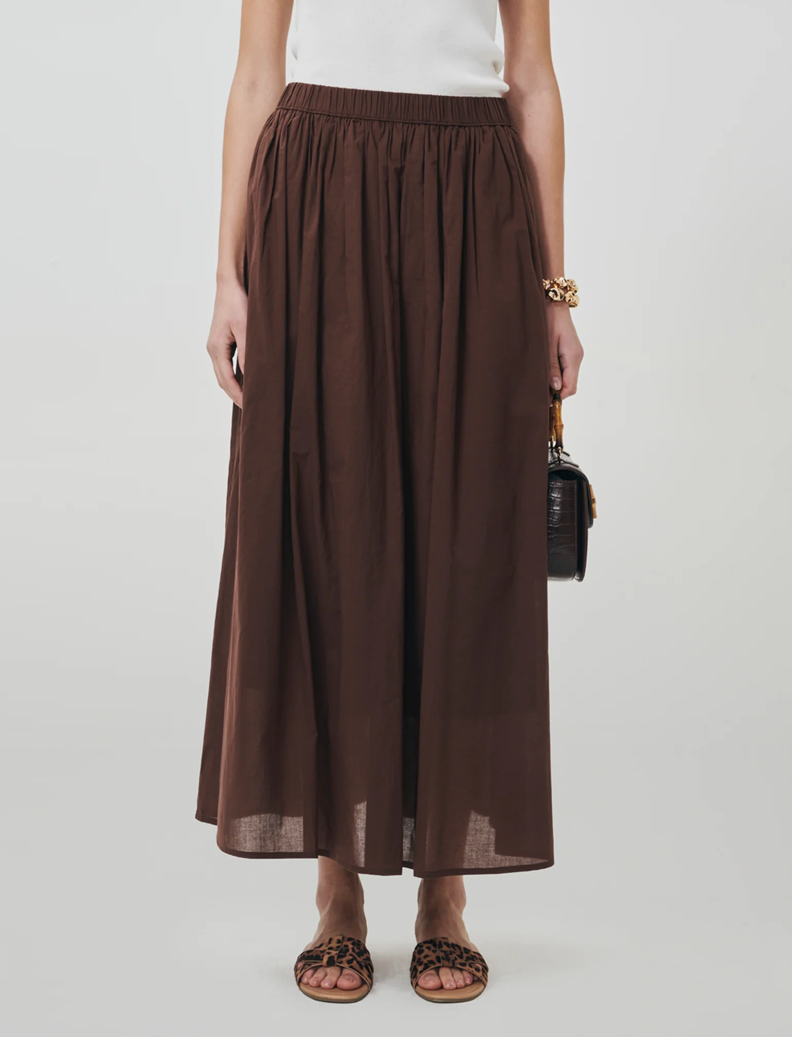 Gonna lunga in cotone con vita arricciata - Marrone cioccolato