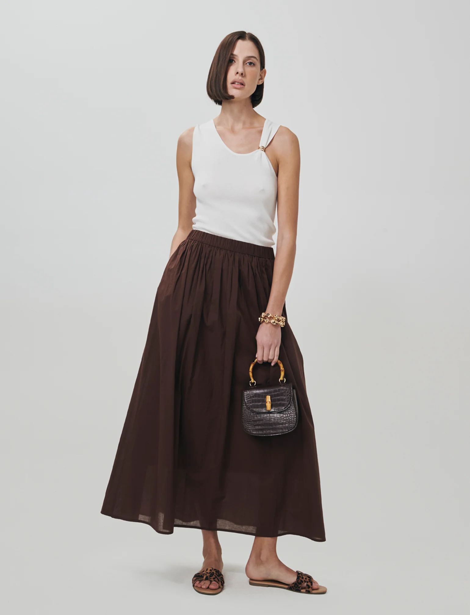 Gonna lunga in cotone con vita arricciata - Marrone cioccolato - Image 3