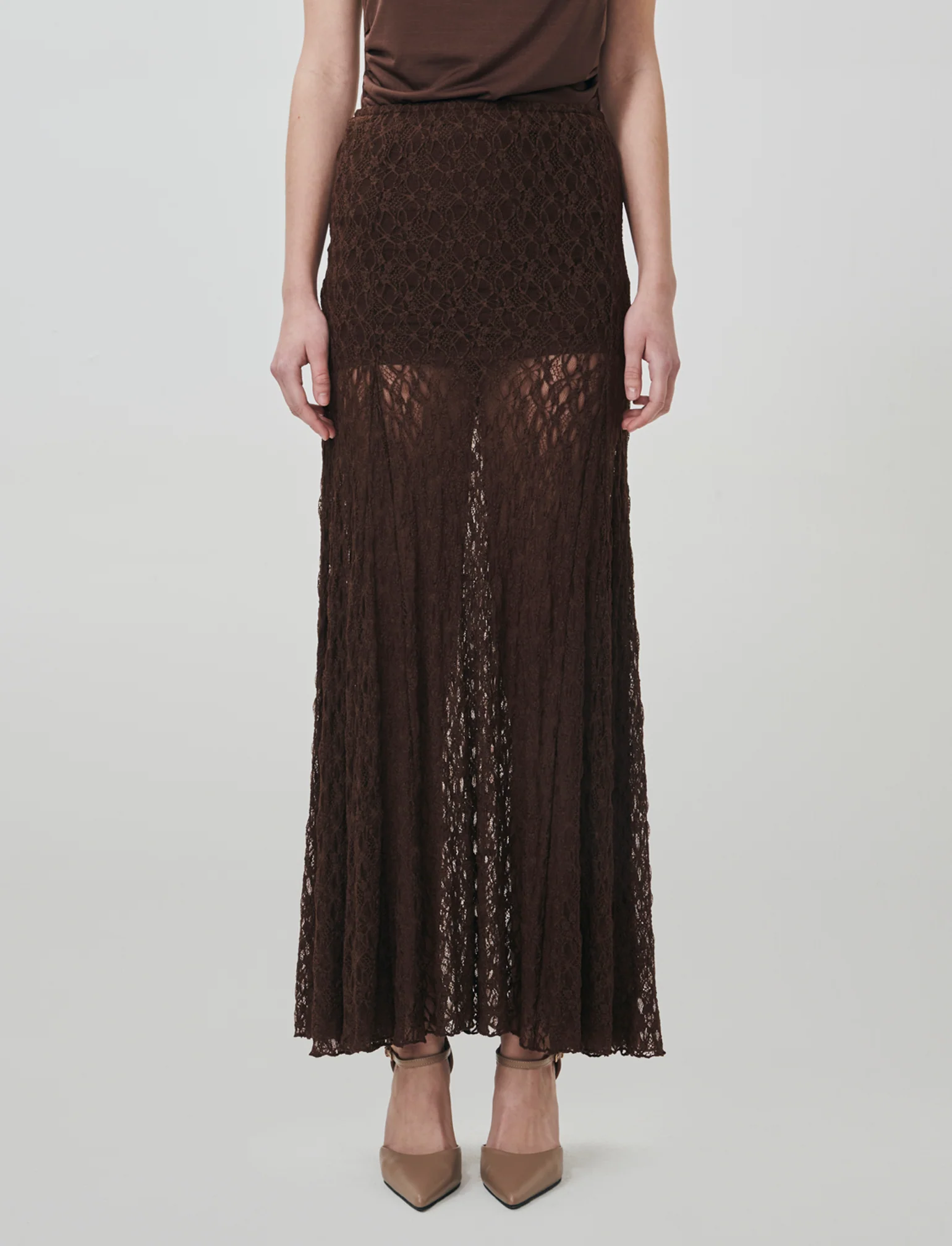 Gonna lunga in pizzo con elastico vita - Marrone cioccolato