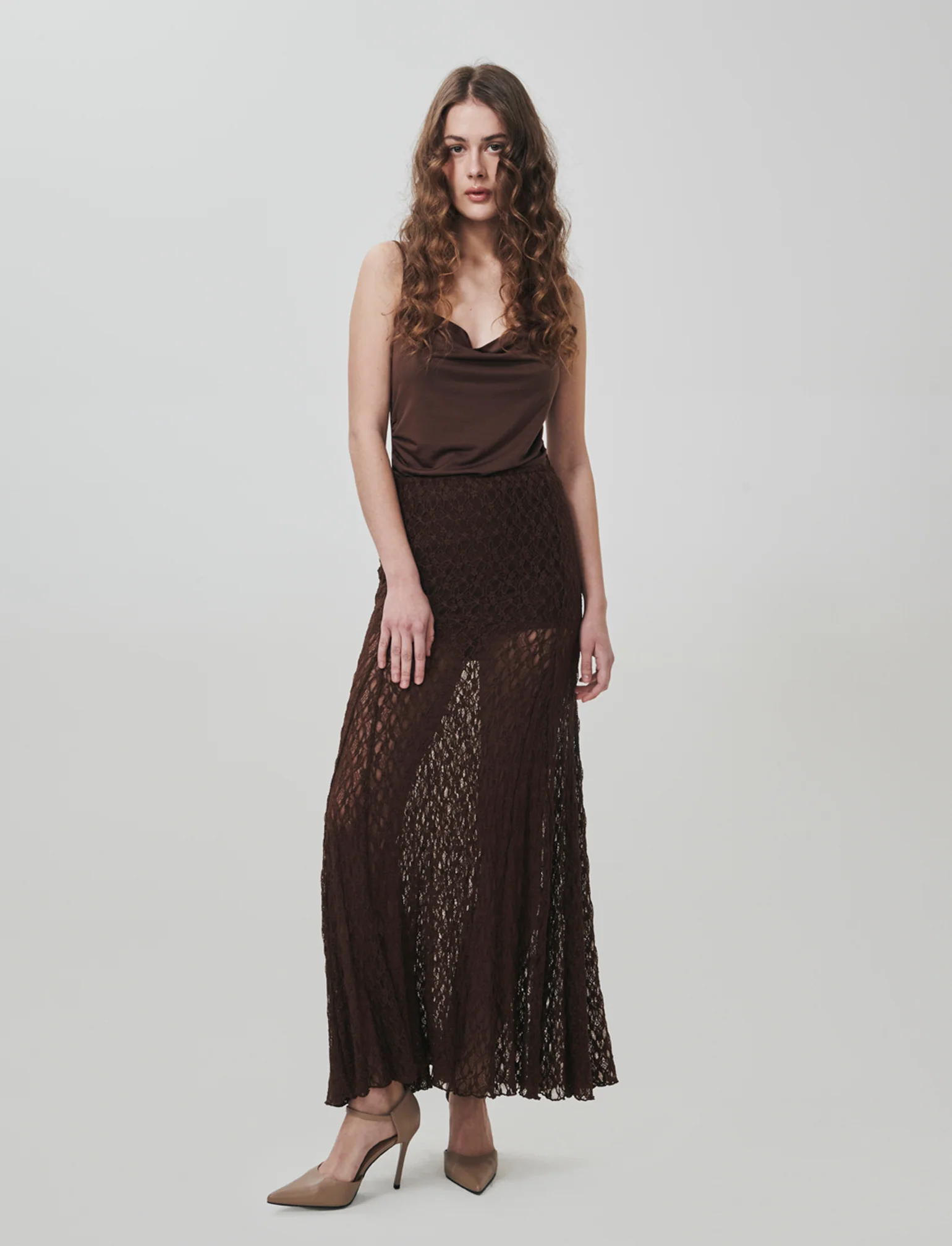 Gonna lunga in pizzo con elastico vita - Marrone cioccolato - Image 3