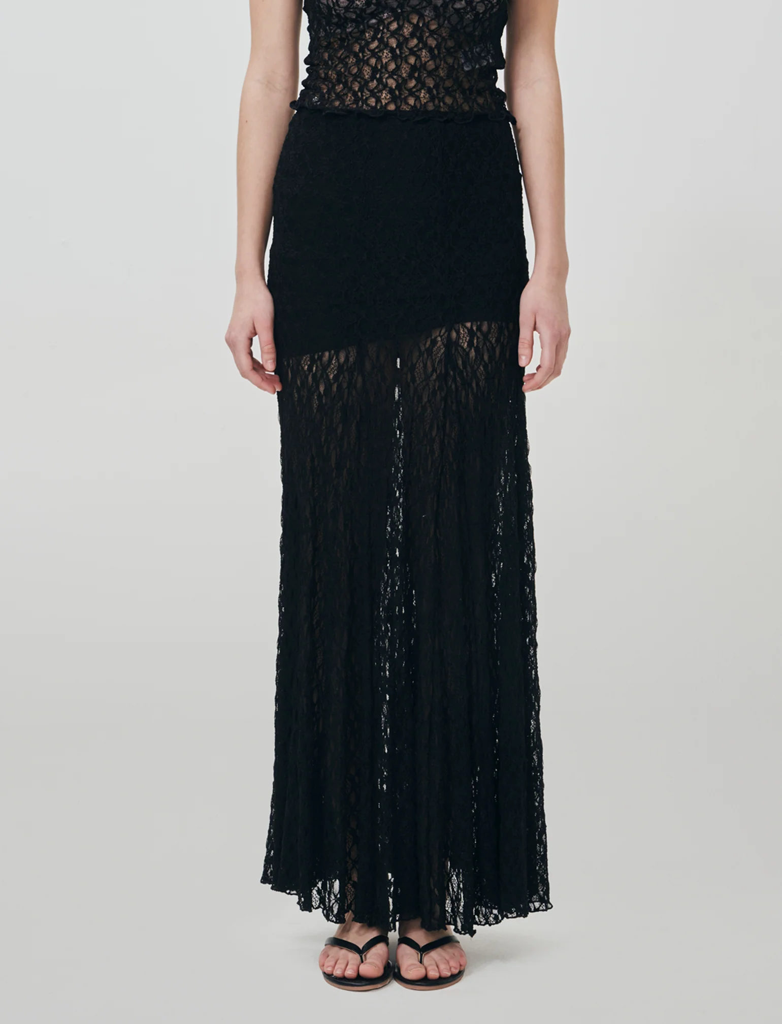 Gonna lunga in pizzo con elastico vita - Nero