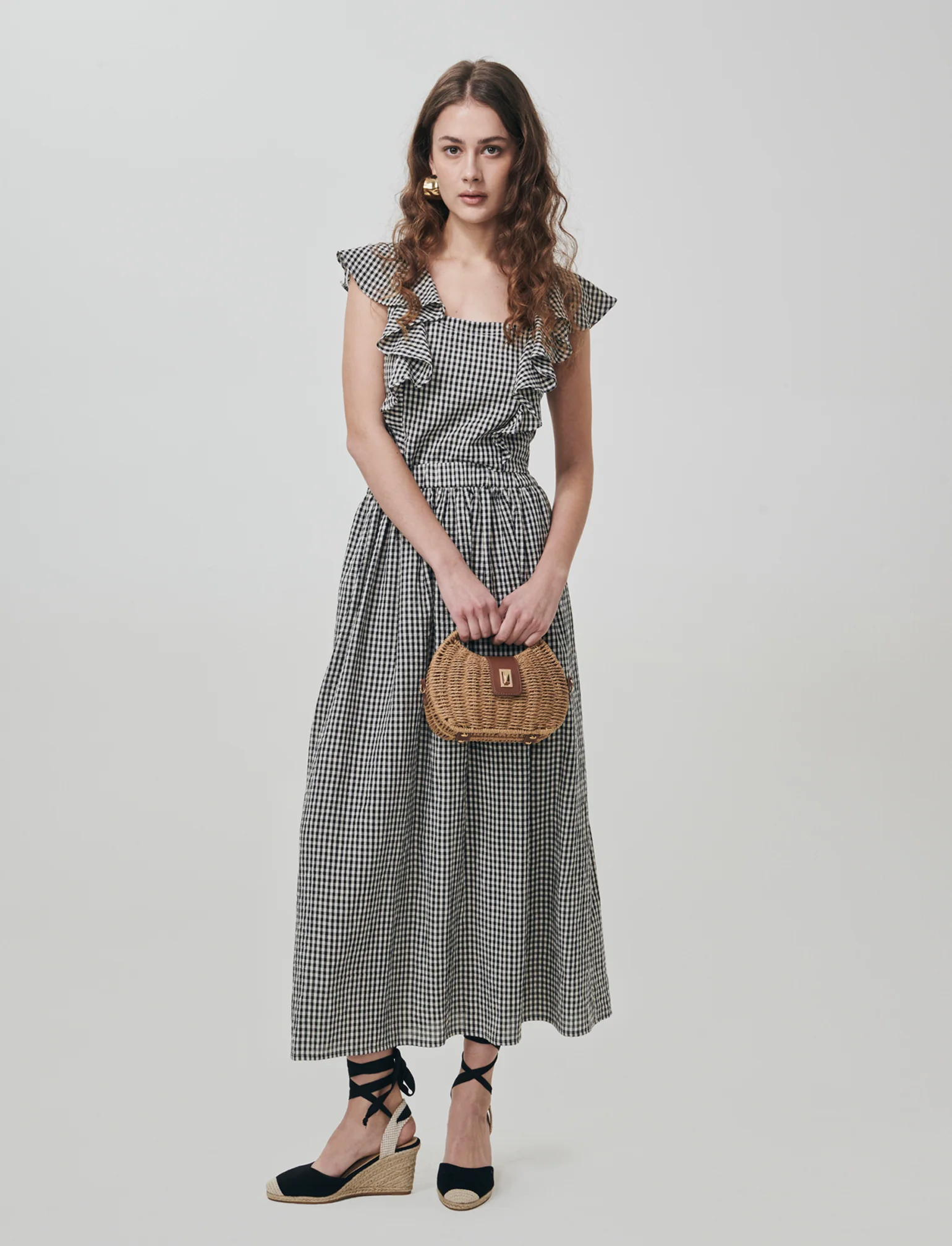 Gonna lunga in stampa Vichy con tasche - Nero - Image 3