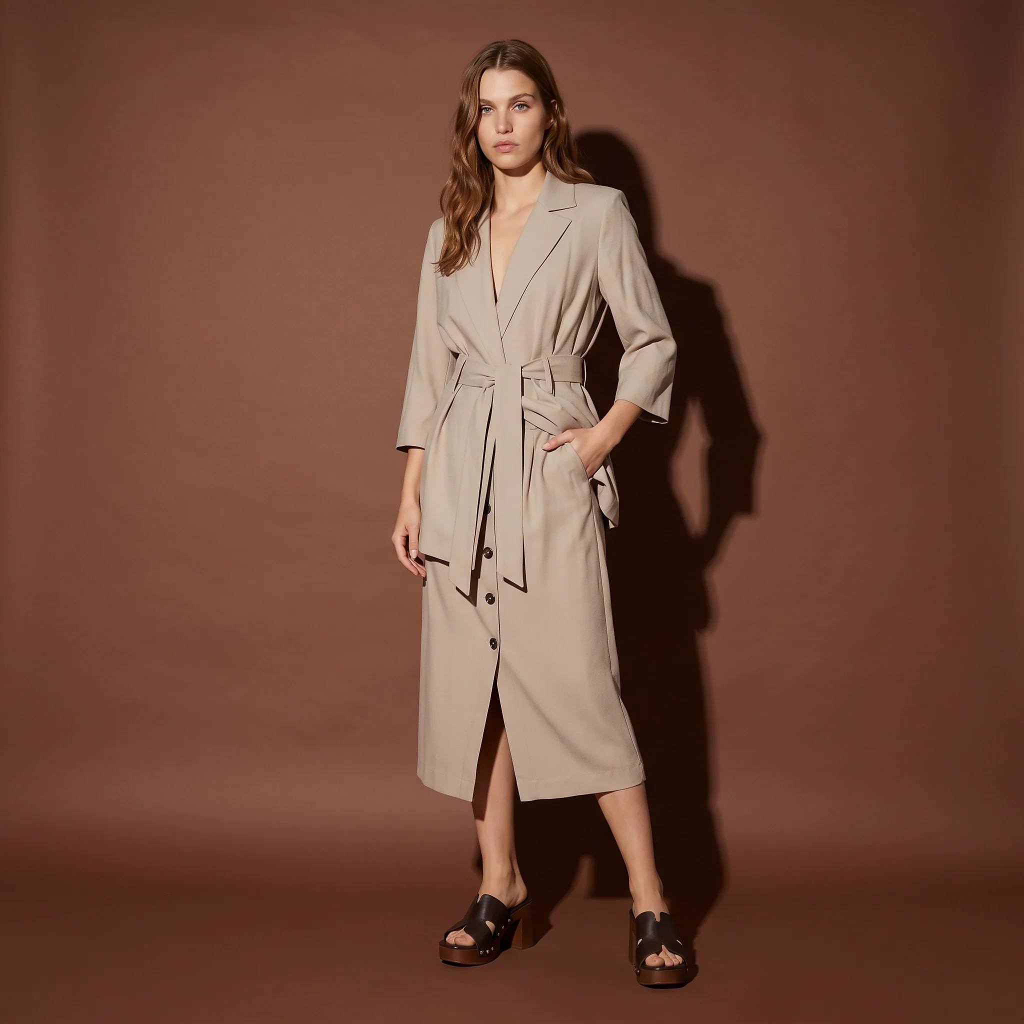 Gonna midi con bottoni e cintura vita - Beige - Image 3