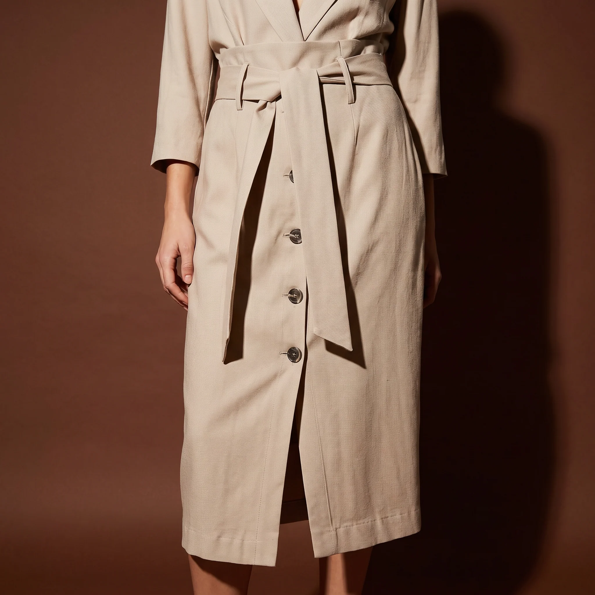 Gonna midi con bottoni e cintura vita - Beige - Image 4
