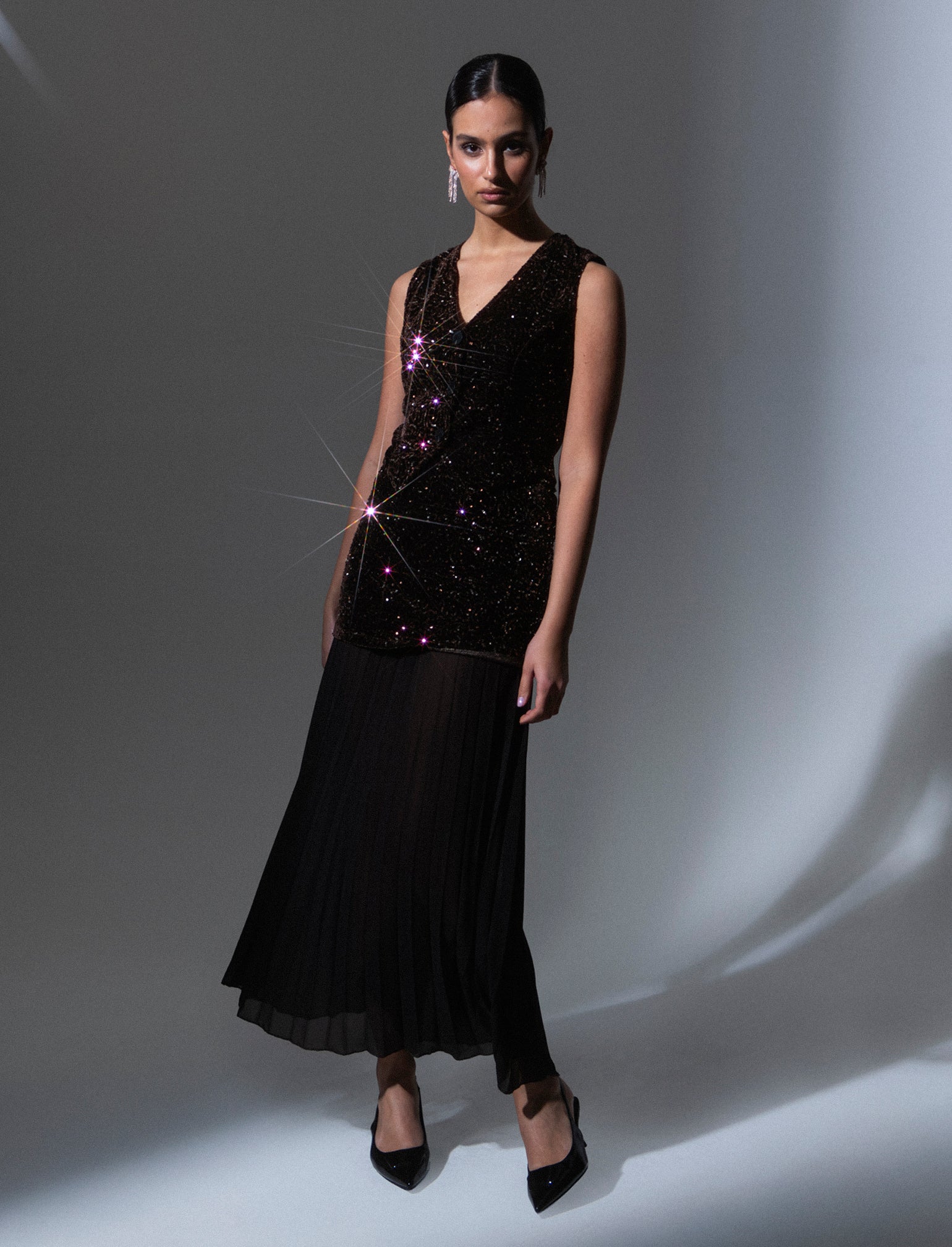 Gonna midi in paillettes e georgette - Moro - Image 3