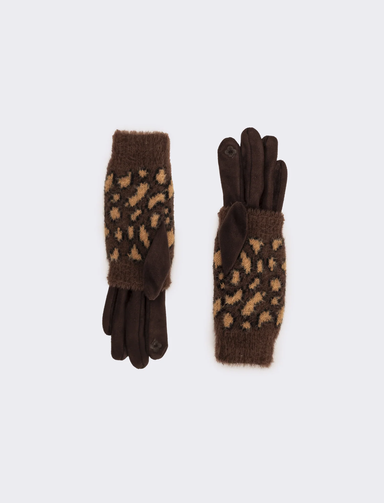 Guanto doppio unito con muffola leopardato donna - Marrone