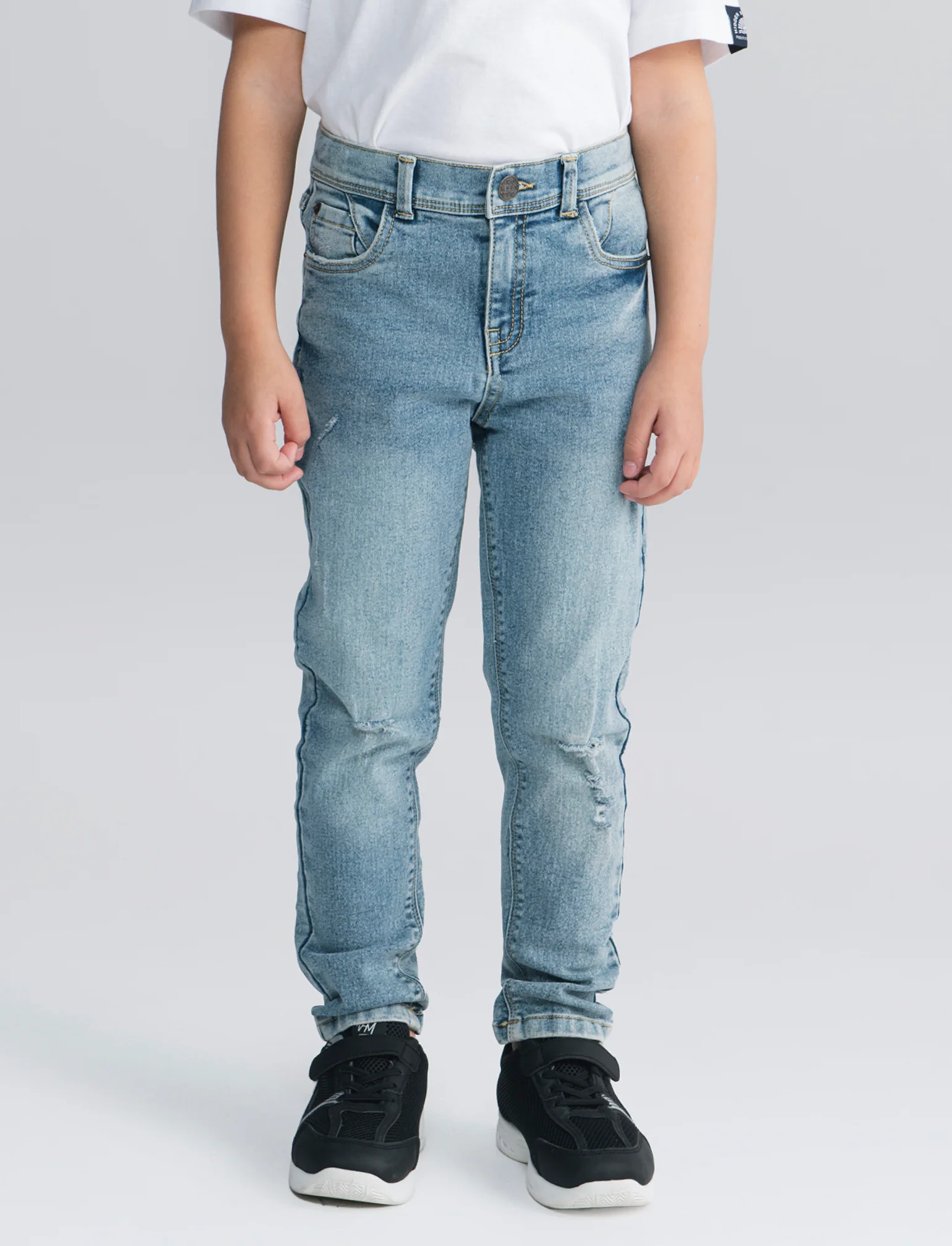 Jeans 5 tasche con rotture e vita elastica - Denim - Image 4