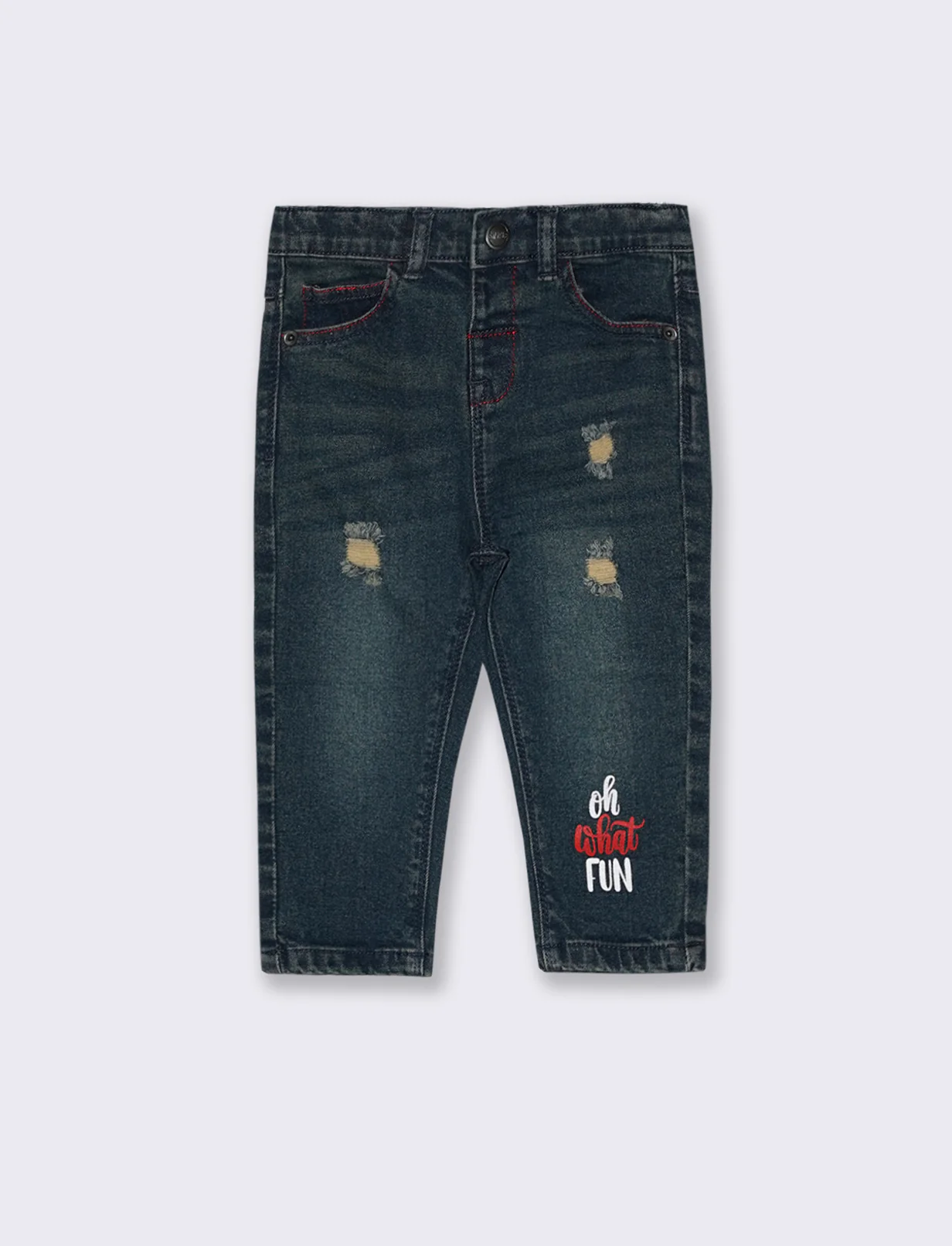 Jeans con rotture e ricamo frontale - Denim
