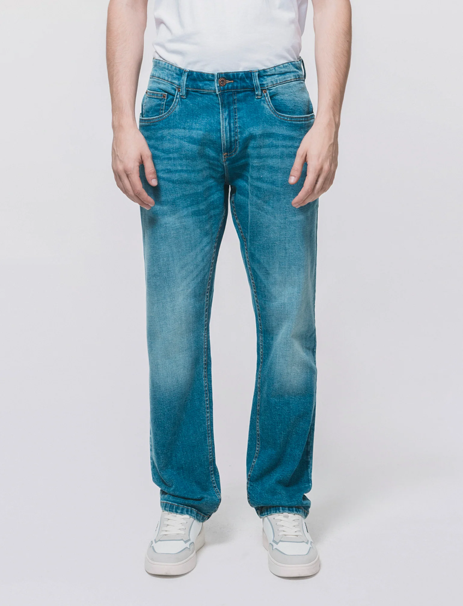 Jeans regular fit blu medio effetto slavato - Denim - Image 3