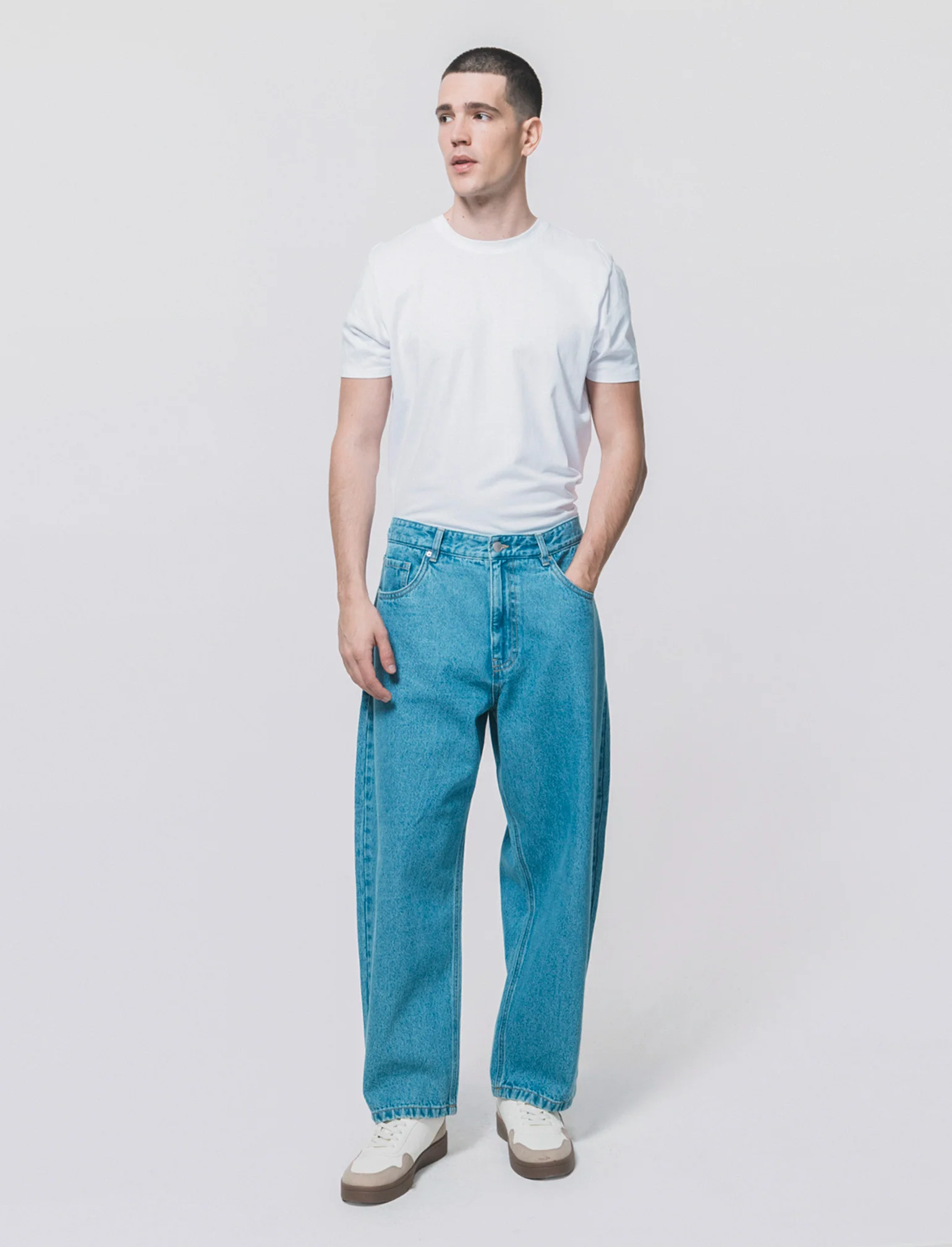 Jeans Tapered Wide Leg Effetto Slavato - Denim - Image 3
