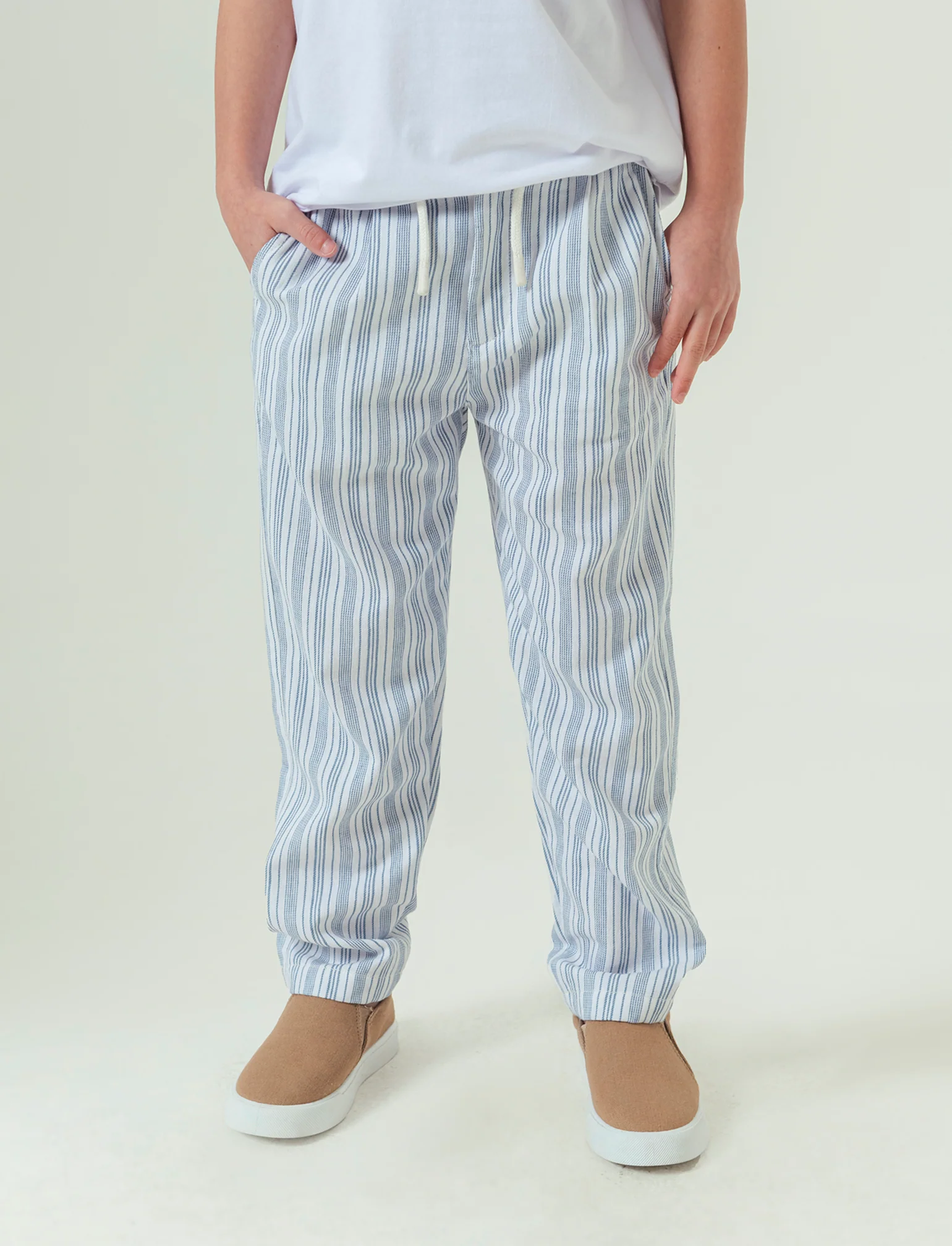 Jogger in misto lino da bambino - Righe - Image 2