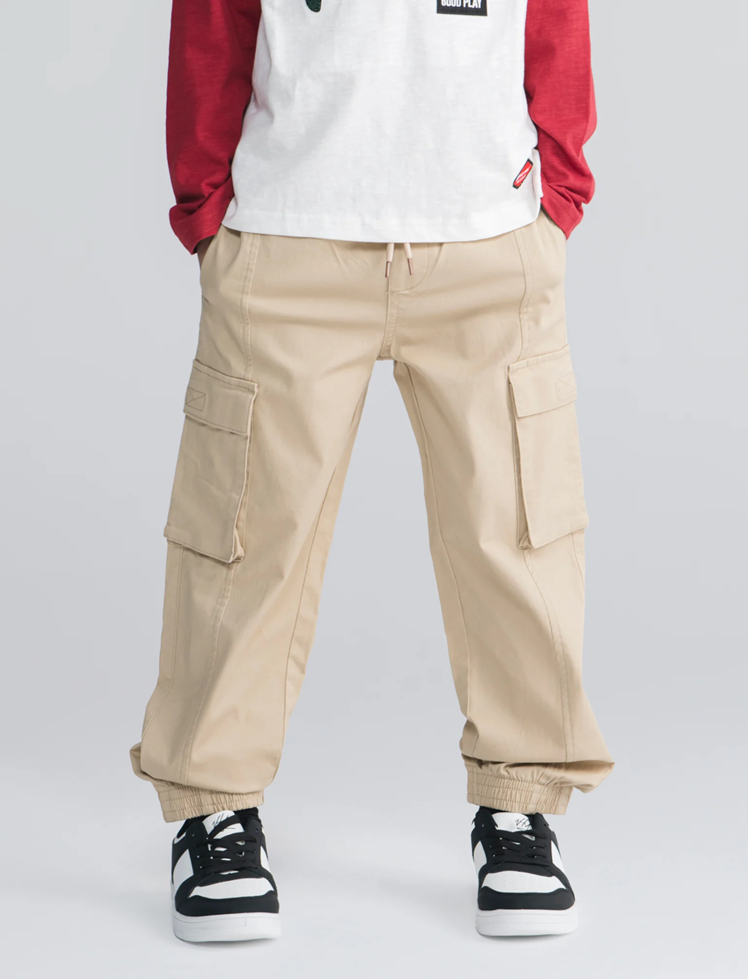Jogger in popeline con tasconi e coulisse - Beige - Image 4
