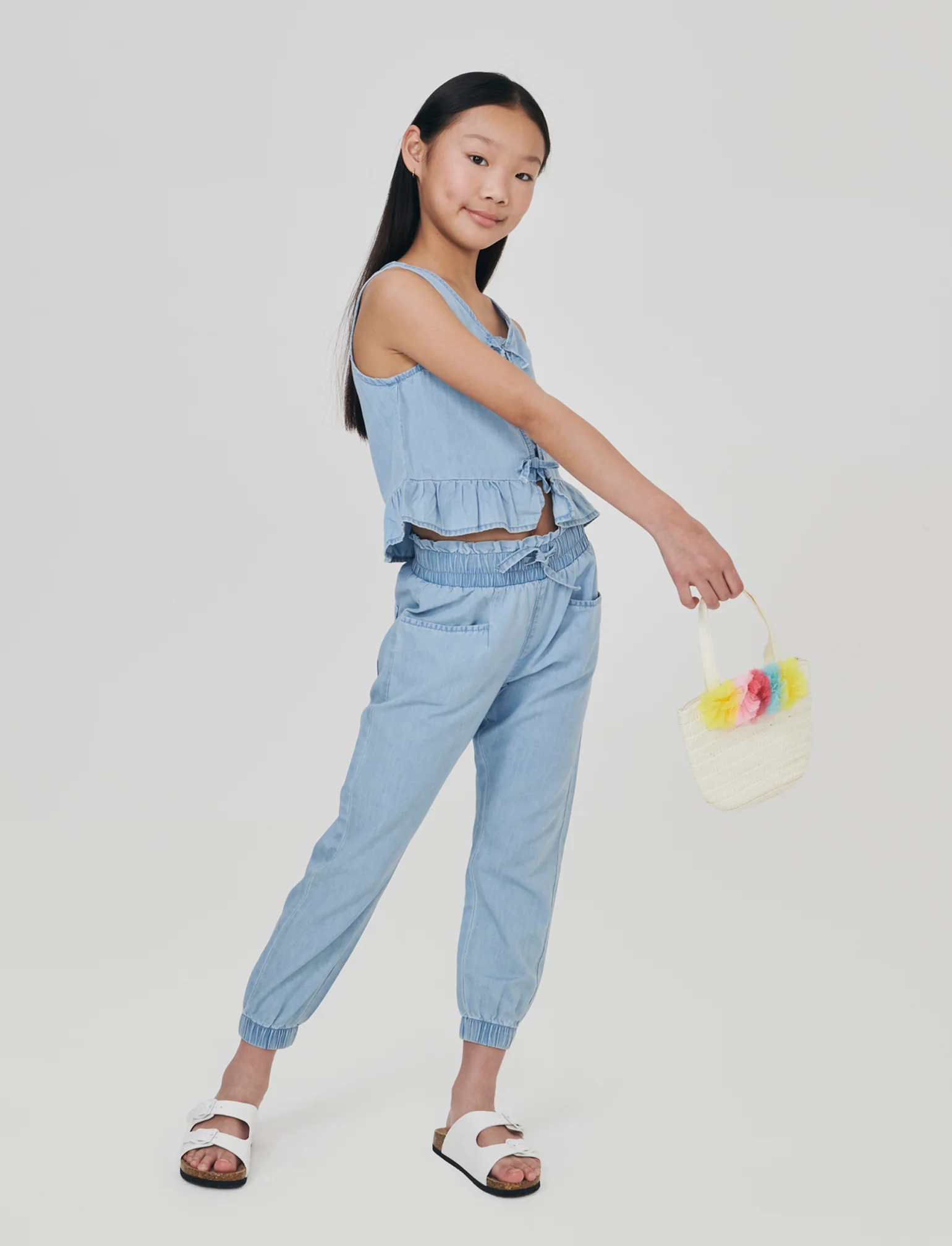 Jogger lungo in chambray con tasche - Denim chiaro