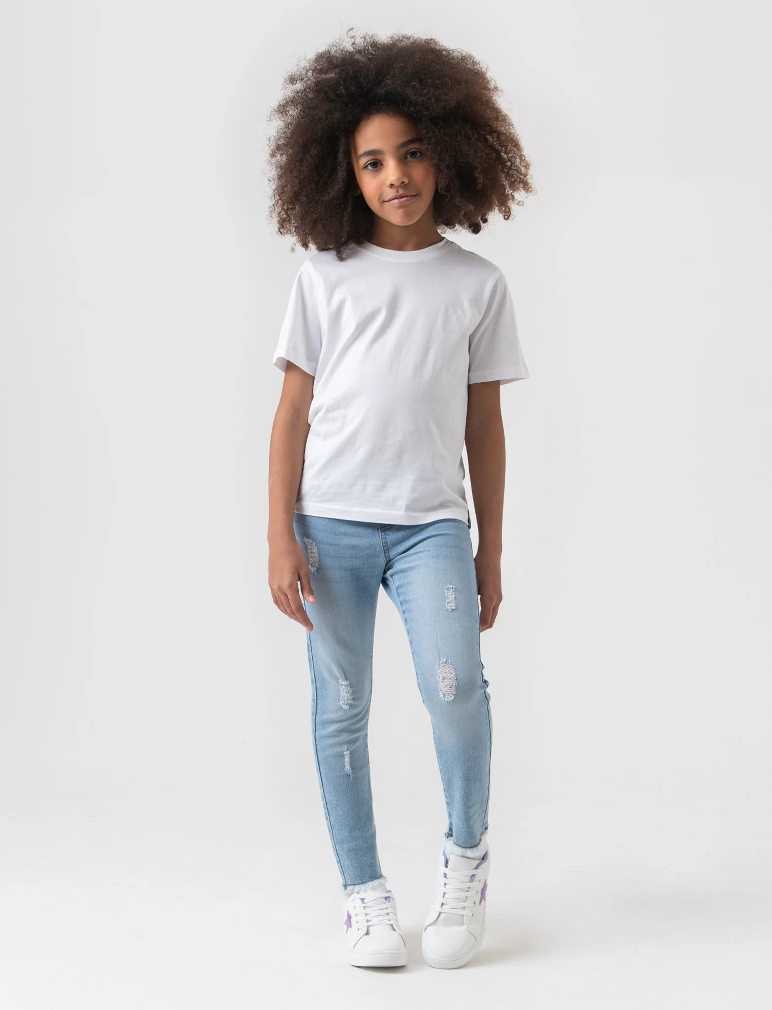 Leggings in denim elastico con rotture da bambina - Denim chiaro