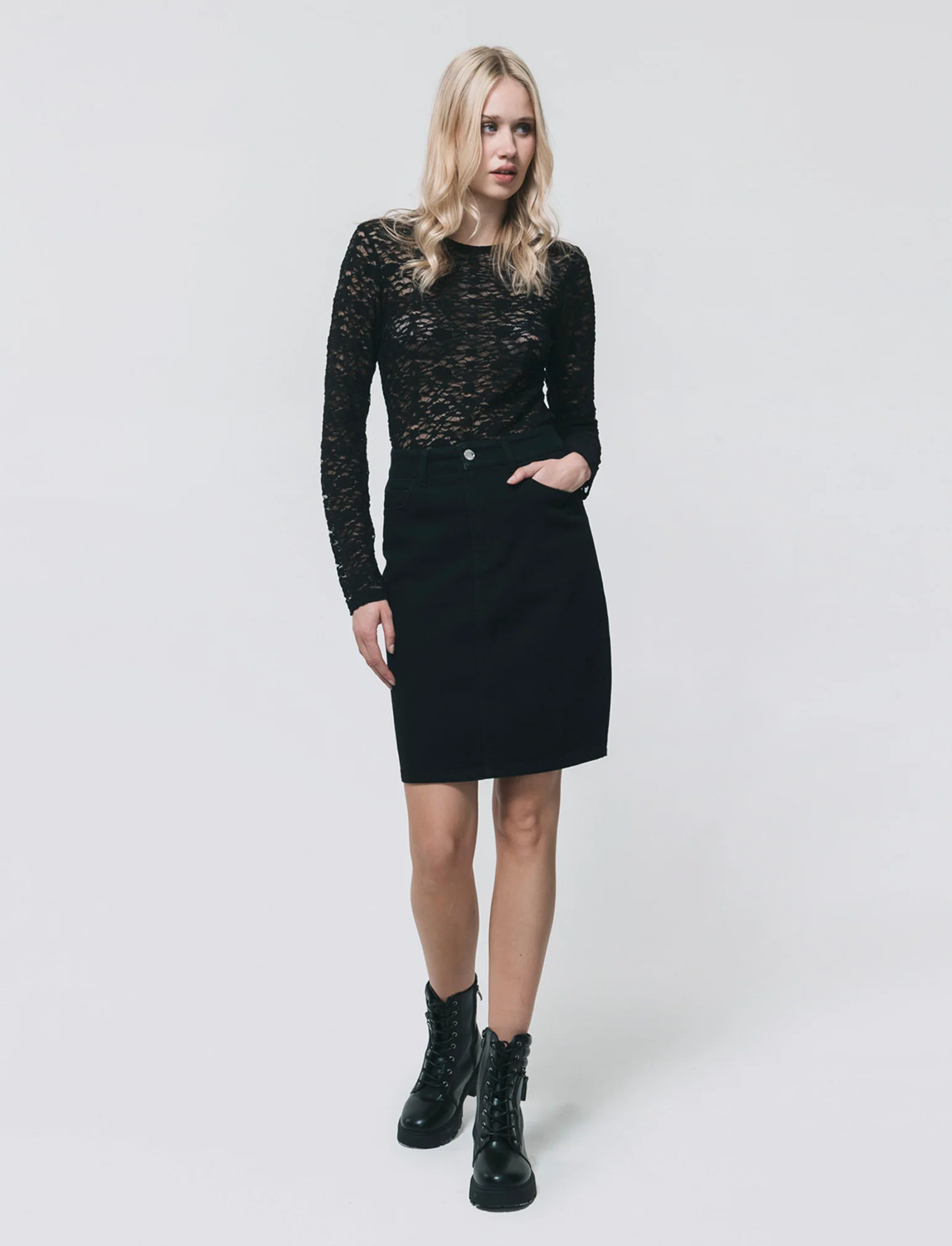 Longuette Denim con Spacco e Chiusura - Nero - Image 4