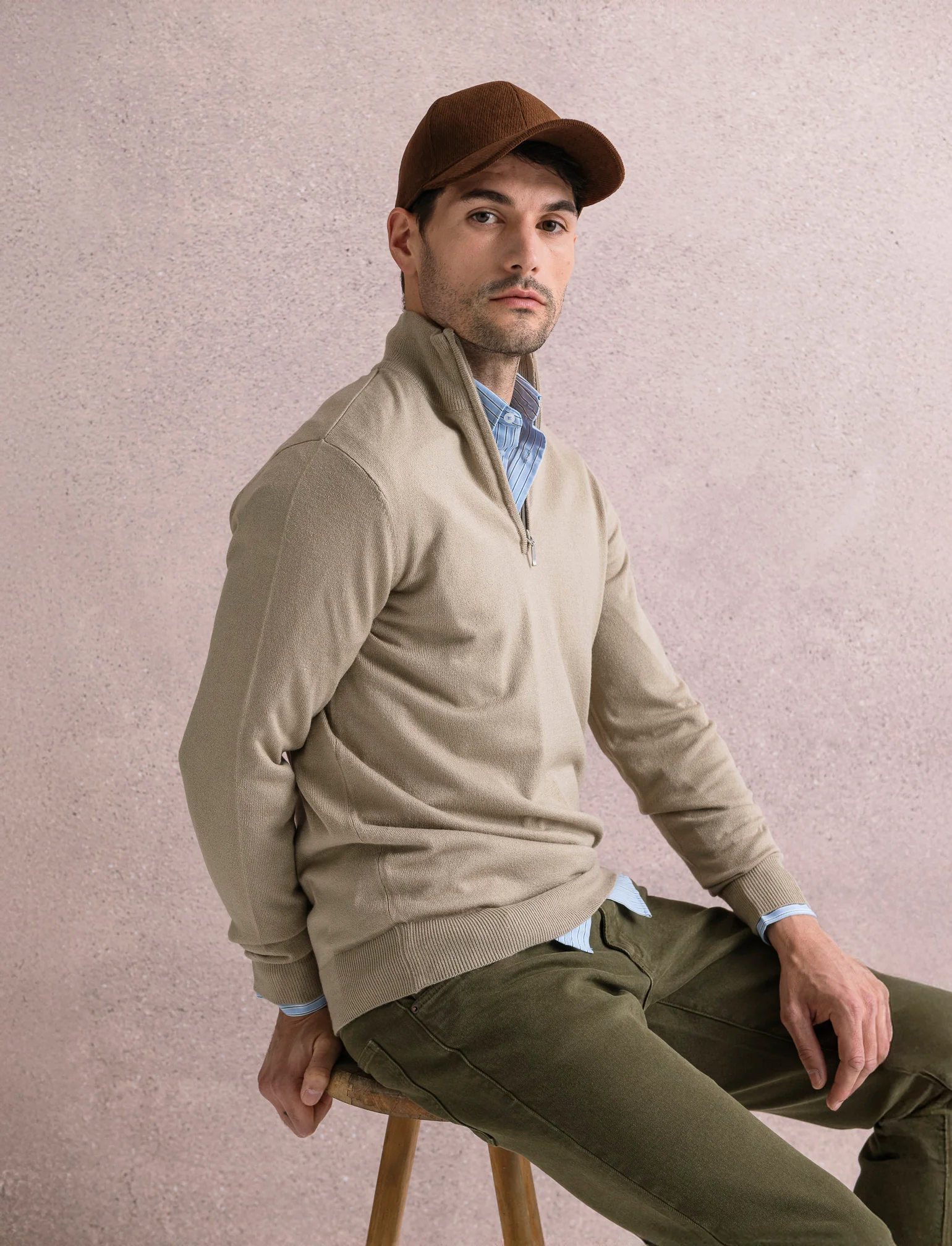 MAGLIA BASIC COLLO ALTO ZIP - Beige - Image 3