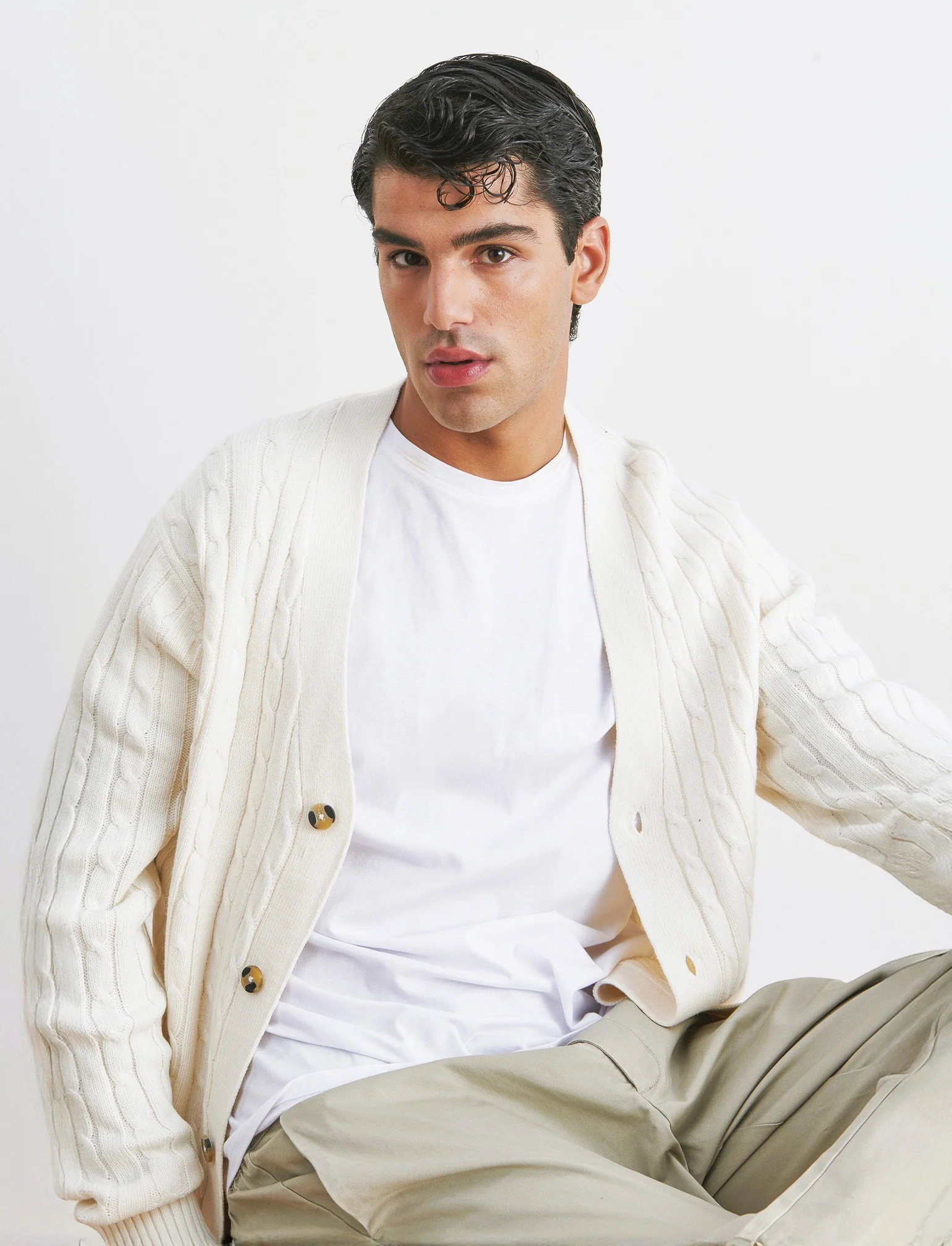 MAGLIA CARDIGAN A TRECCE: - Beige ecru - Image 4