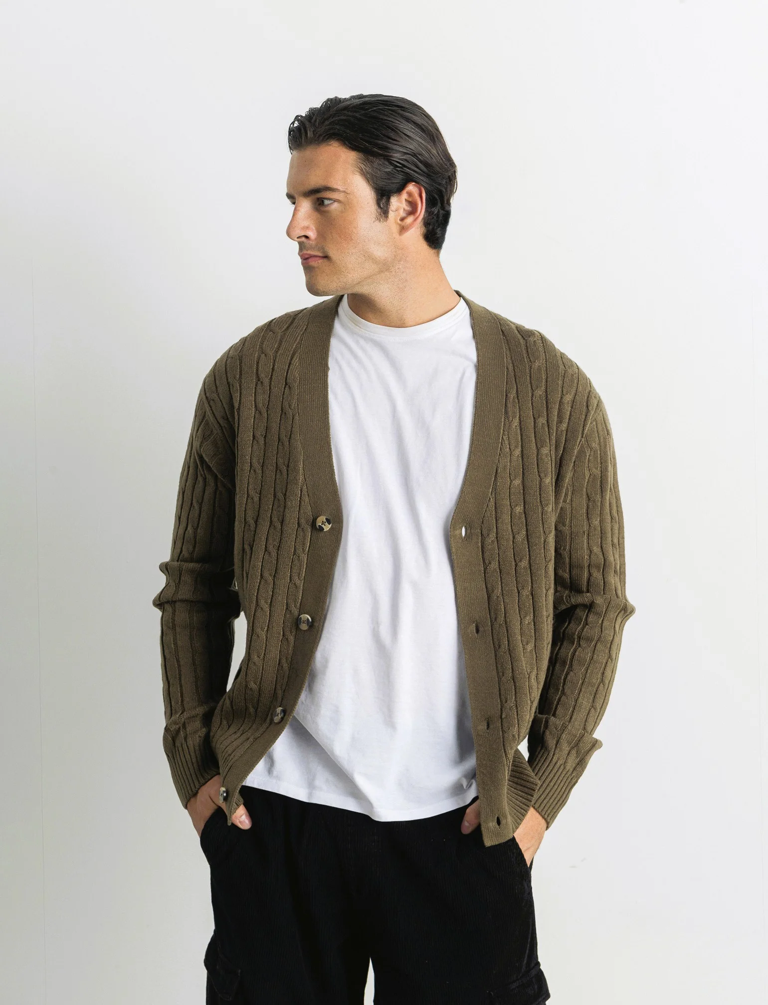 MAGLIA CARDIGAN A TRECCE: - Grigio fango - Image 3