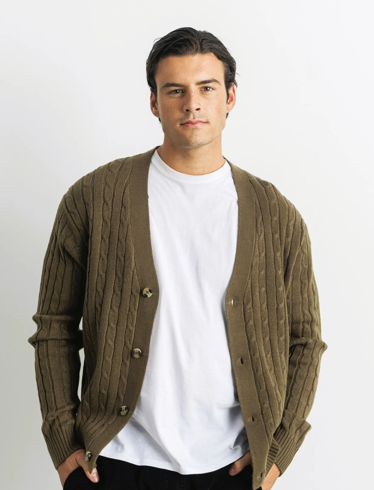 MAGLIA CARDIGAN A TRECCE: - Grigio fango - Image 4