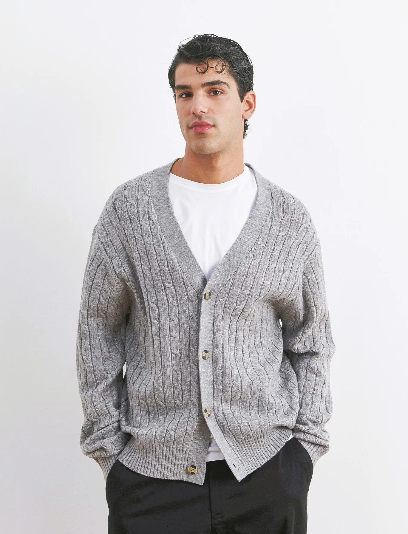 MAGLIA CARDIGAN A TRECCE: - Grigio mel. - Image 3