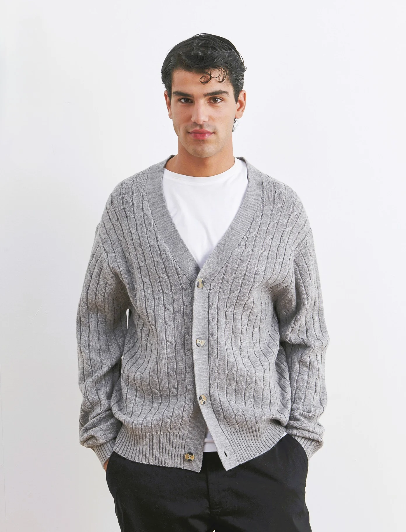 MAGLIA CARDIGAN A TRECCE: - Grigio mel. - Image 4
