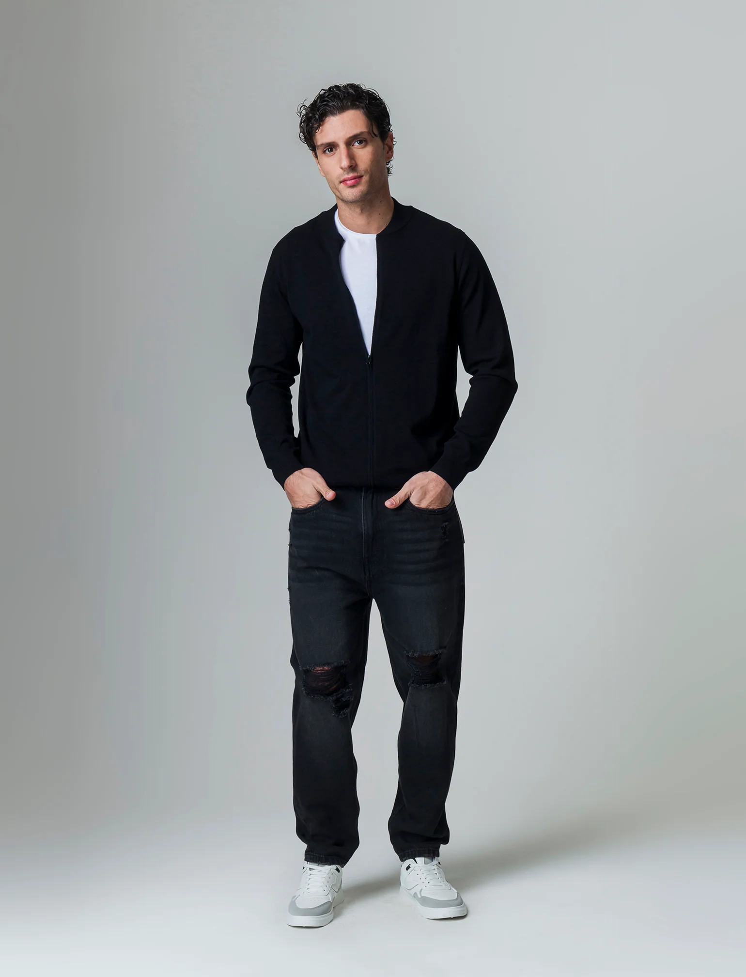 Maglia cardigan collo bomber in filato premium da uomo - Nero - Image 2