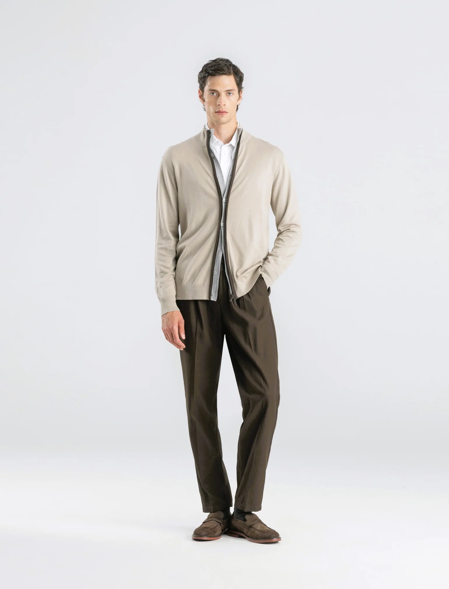 MAGLIA CARDIGAN CON BOTTONI E CERNIERA - Beige - Image 2