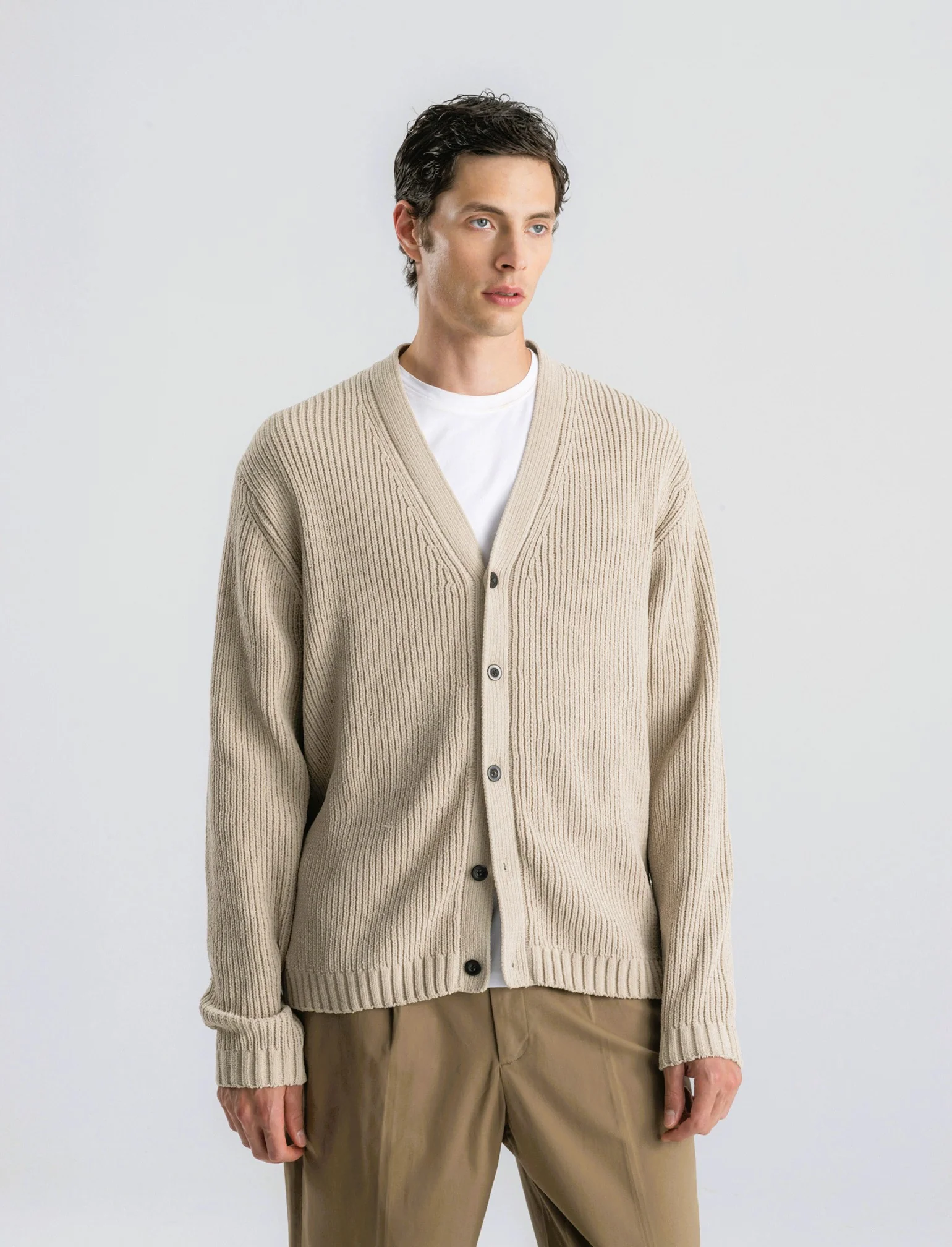 MAGLIA CARDIGAN IN  CINIGLIA A COSTE - Beige
