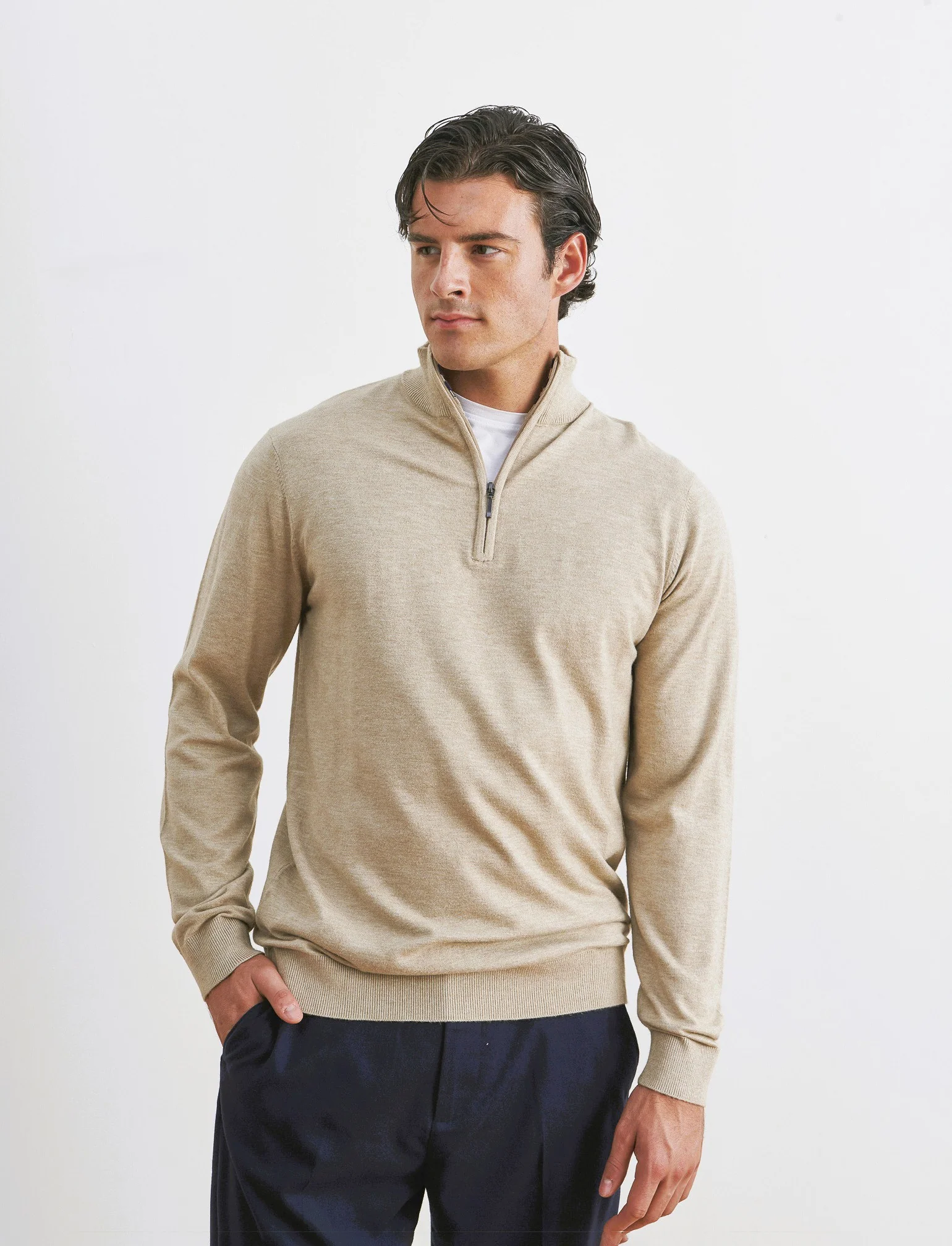 MAGLIA COLLO ALTO CON ZIP - Beige melange
