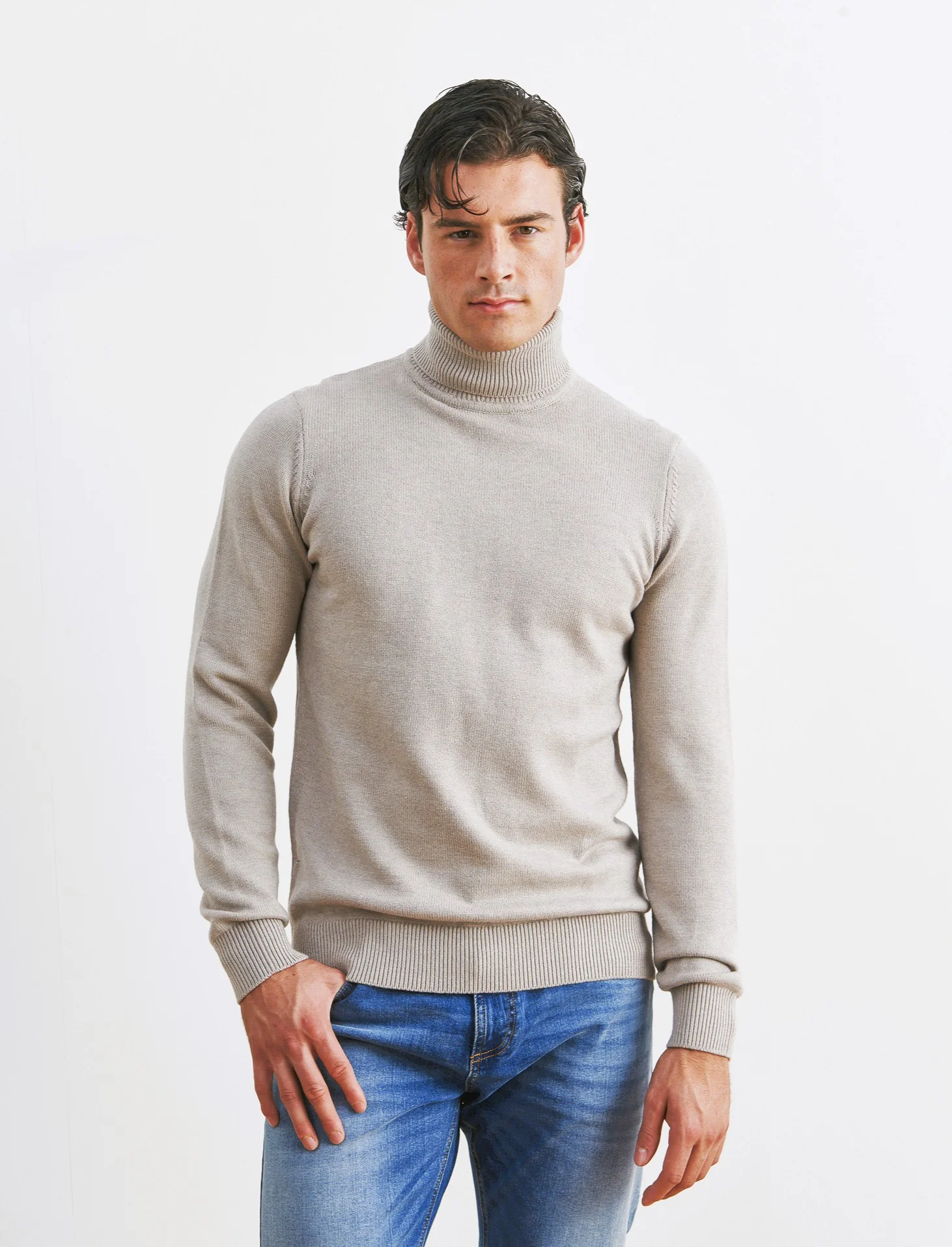 MAGLIA COLLO ALTO FILATO PREMIUM - Tortora melange